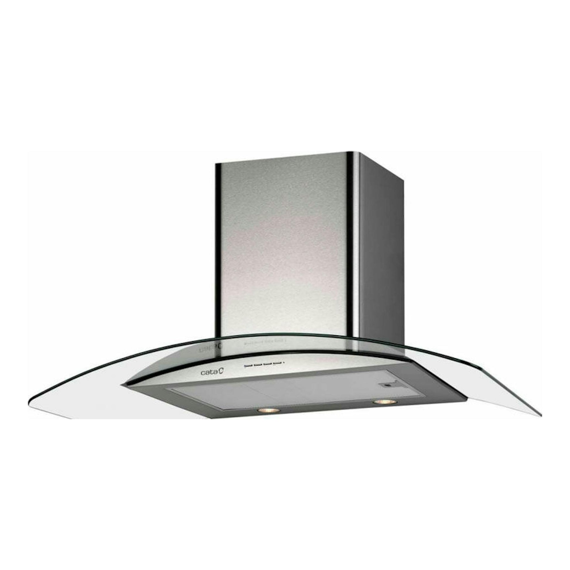 Campana decorativa Cata Gamma 900 Inox de acero inoxidable con frontal de cristal curvo, vista oblicua.