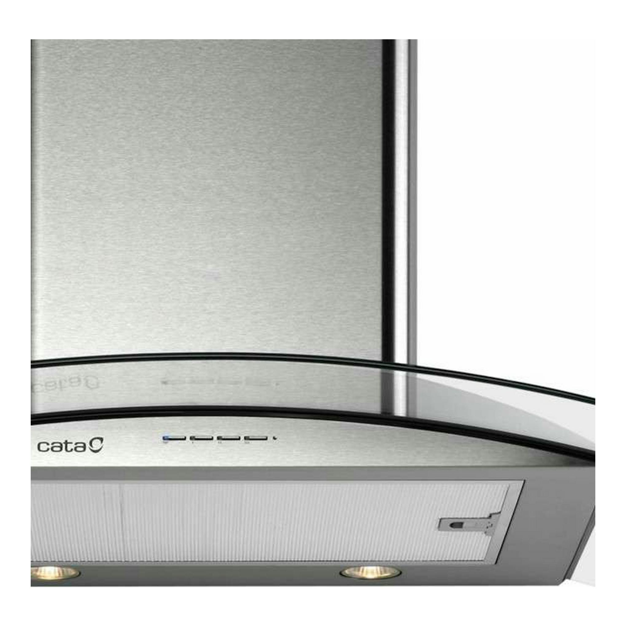 Campana decorativa Cata Gamma 900 Inox de acero inoxidable, vista frontal inferior con panel de vidrio curvo.