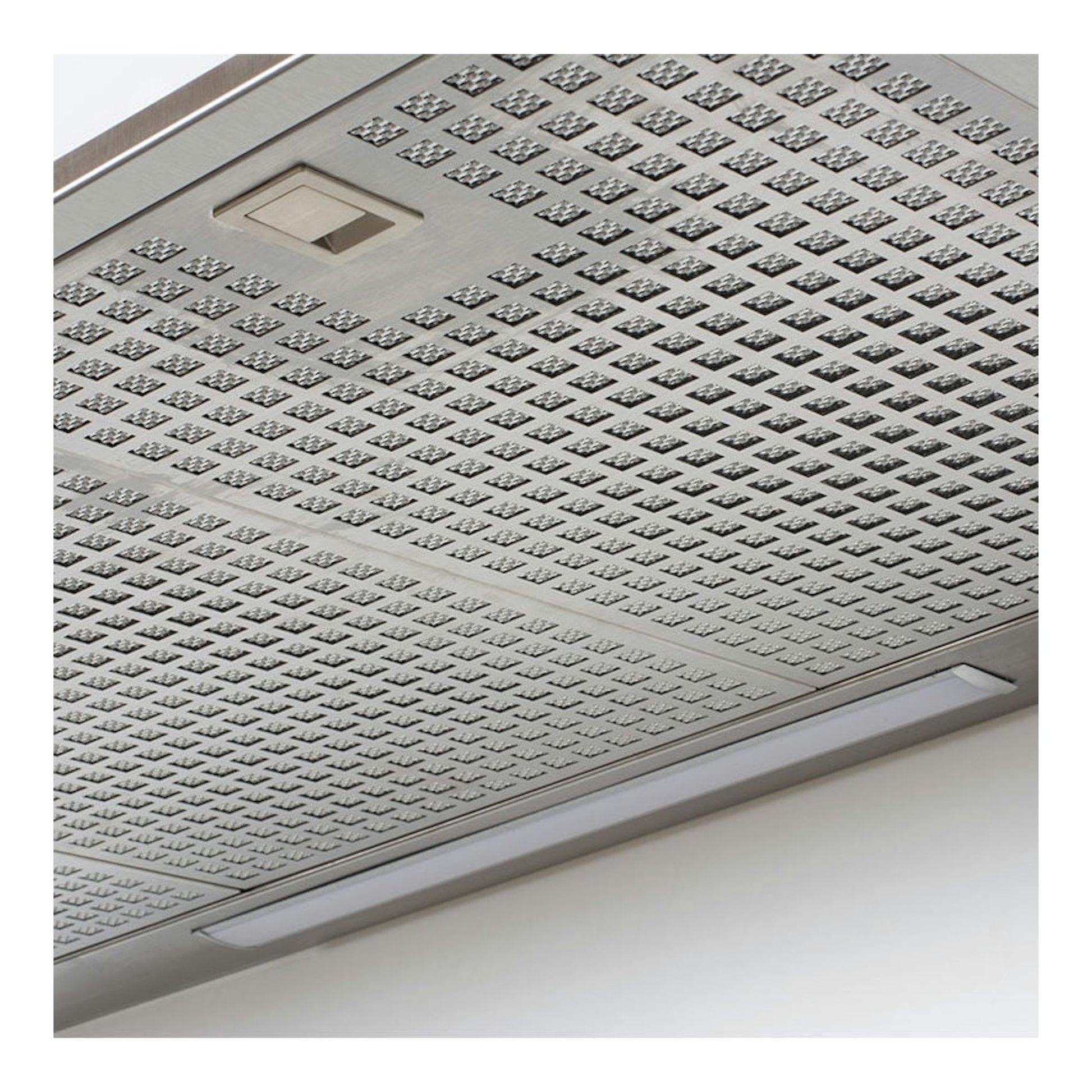 Campana decorativa Cata GLADIUS XGBK, vista inferior en acero inoxidable con filtros y luz integrada.