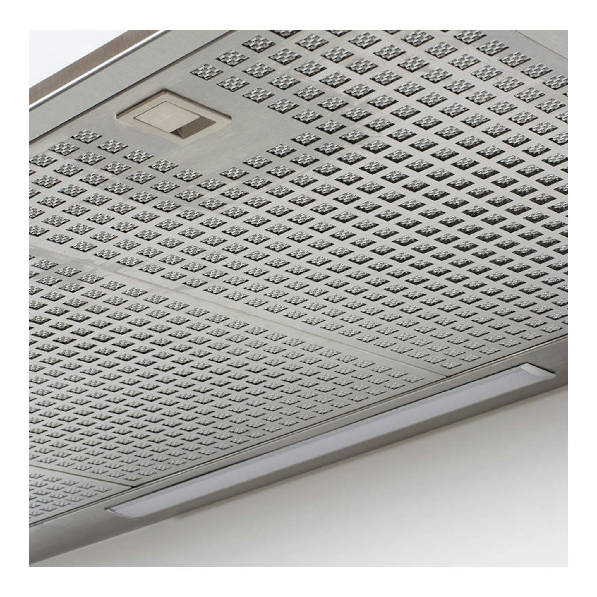 Campana decorativa Cata GLADIUS XGBK, vista inferior en acero inoxidable con filtros y luz integrada.