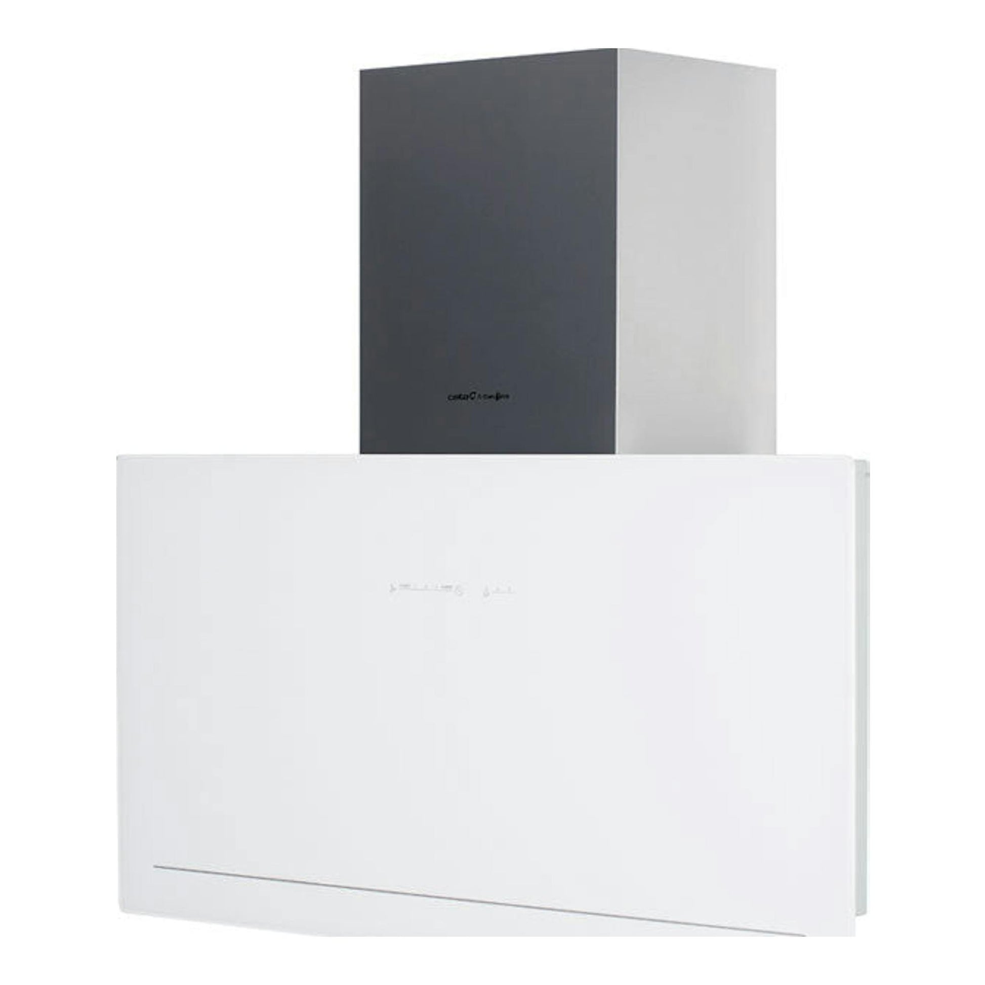 Campana decorativa Cata Goya 70 WH blanca, vista frontal en perspectiva, con chimenea gris y cuerpo blanco.