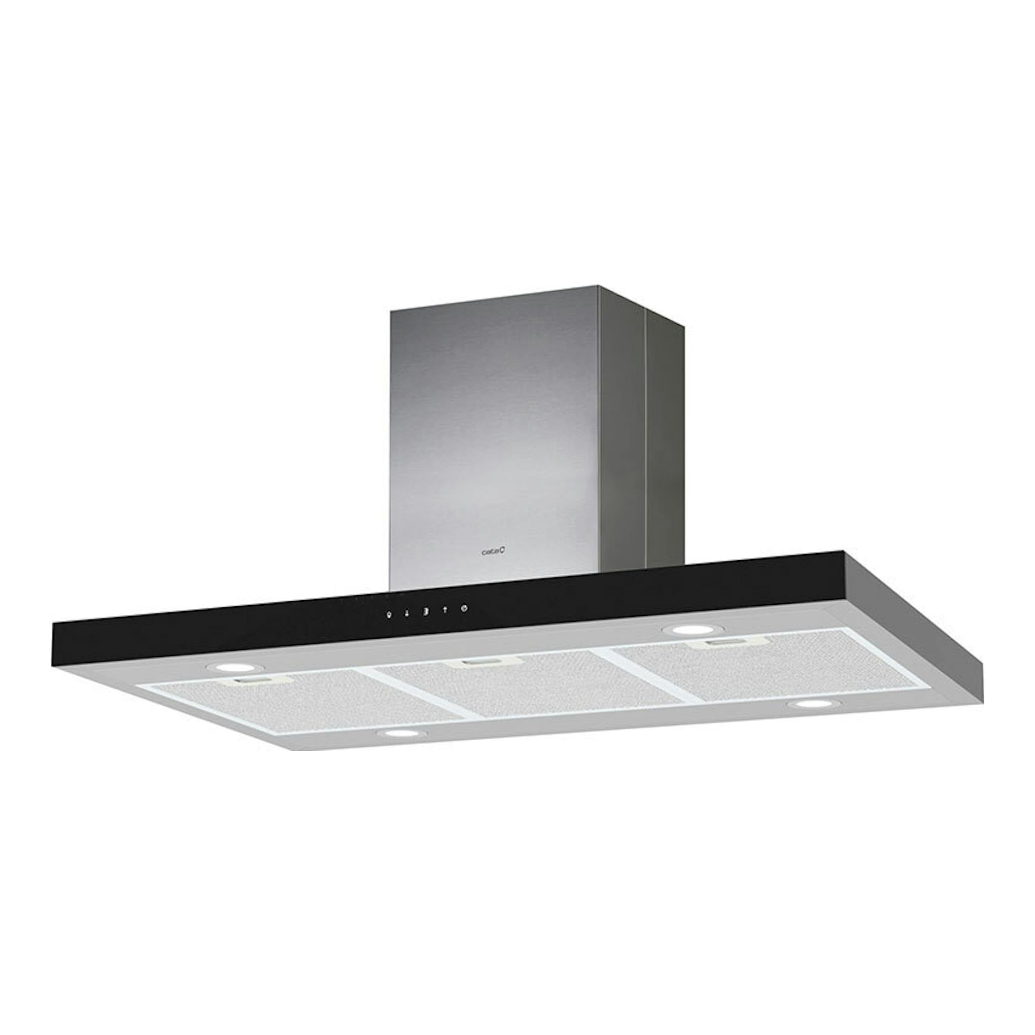 Campana de isla Cata Legend 9010XGBK, inox y negro, vista en perspectiva inferior y frontal.