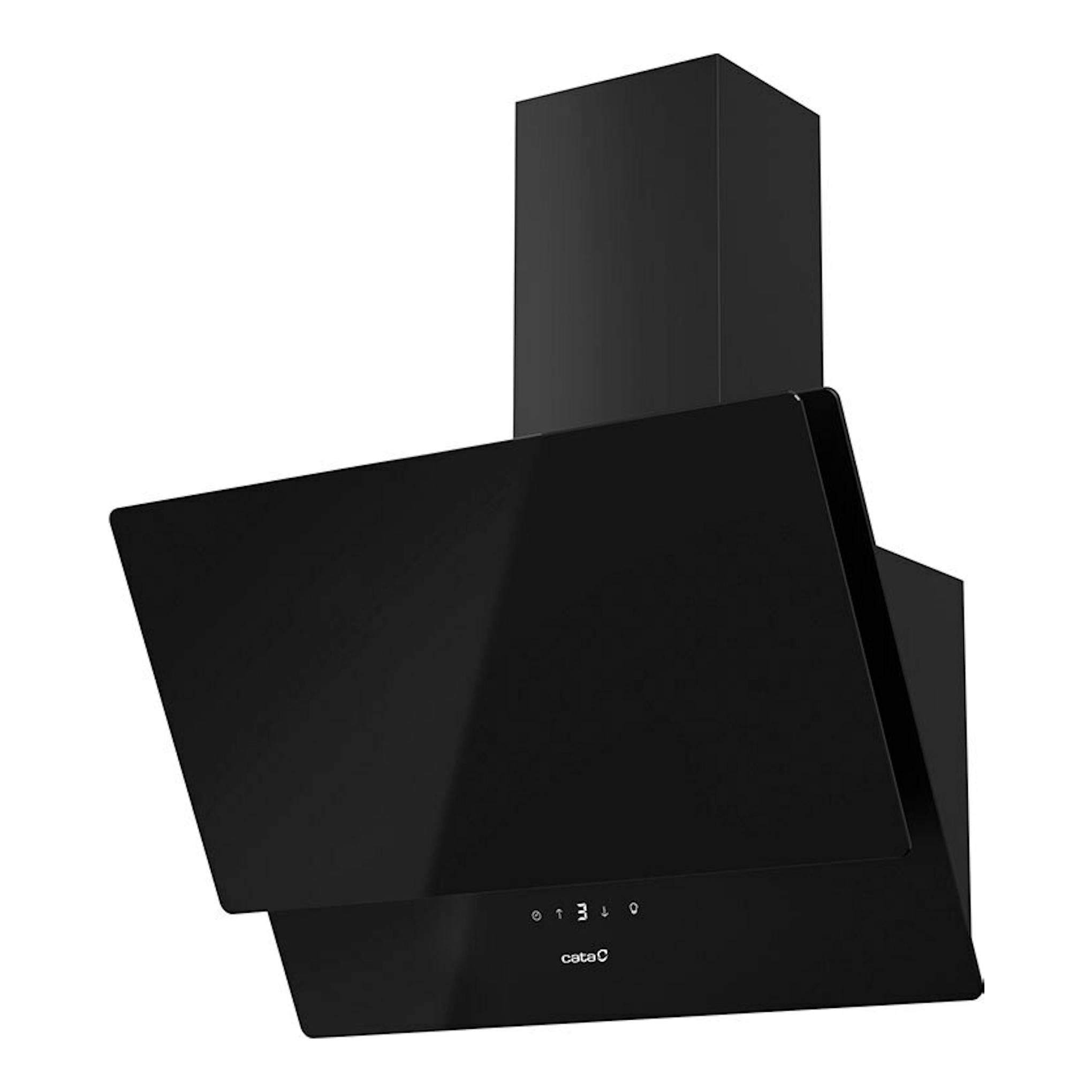Campana extractora Cata JUNO Plus 6000 GBK de cristal negro, vista frontal inclinada, 60 cm.