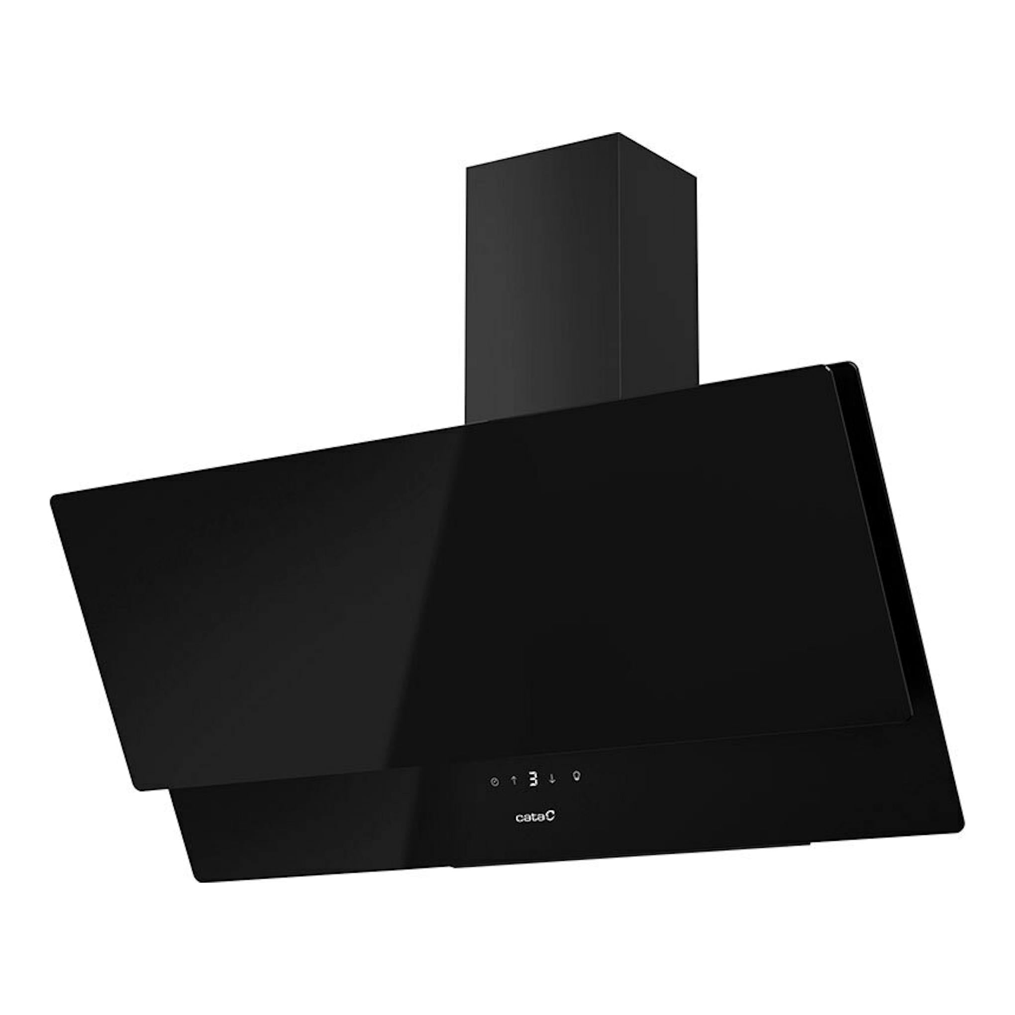 Campana extractora Cata JUNO Plus 9000 GBK negra, vista frontal inclinada, con panel de cristal negro.