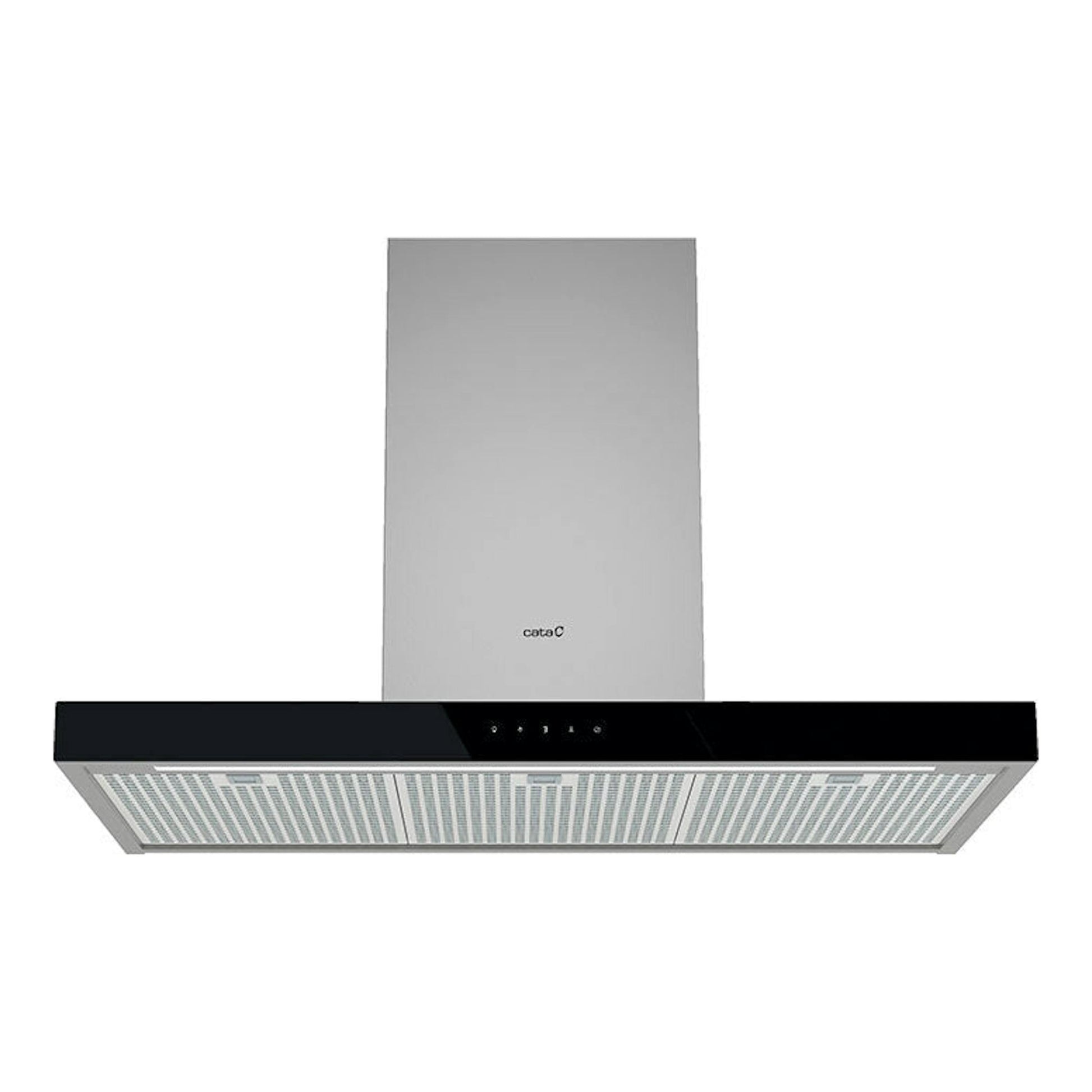 Campana decorativa Cata LEGEND 9010XGBK, vista frontal, acero inoxidable y vidrio negro.
