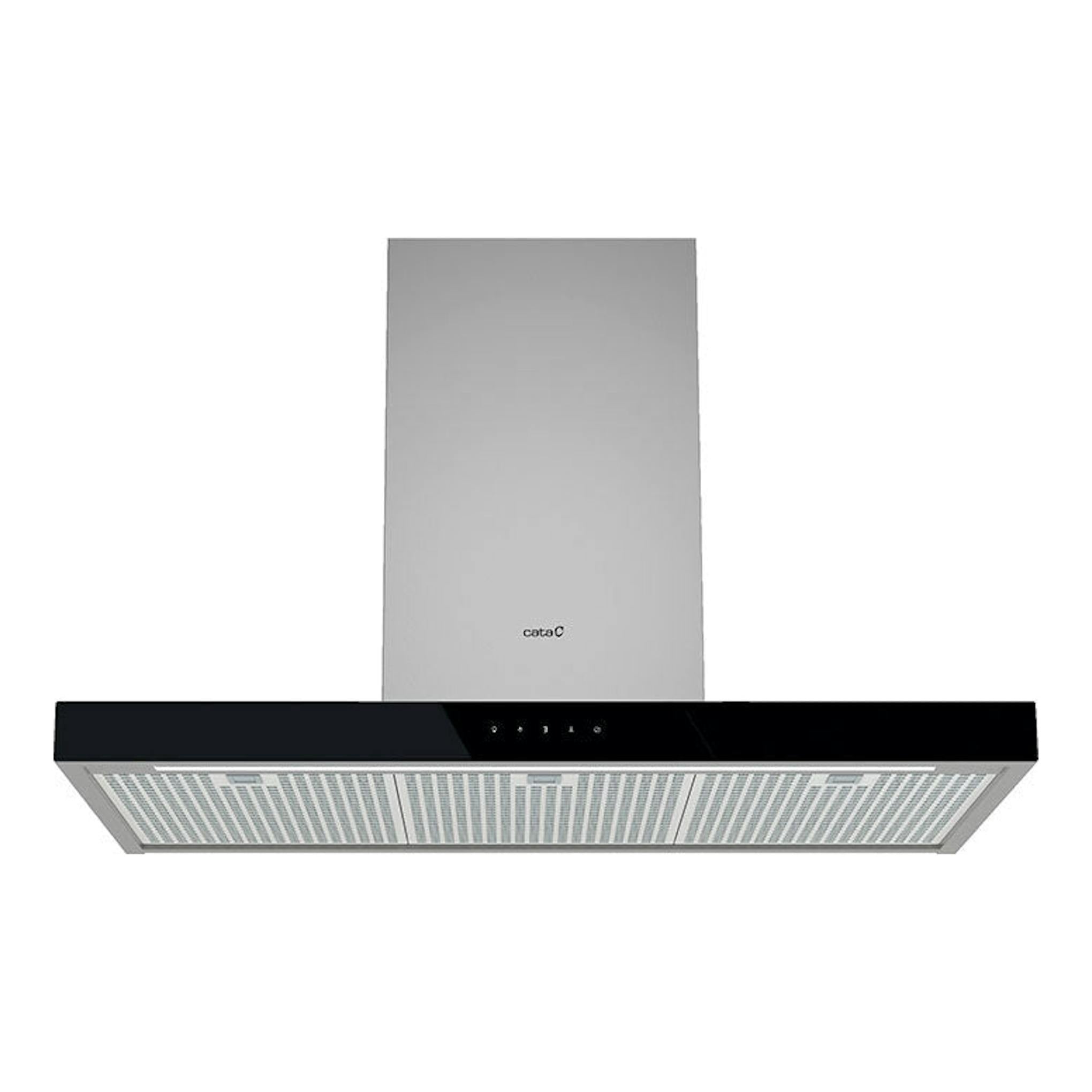 Campana decorativa Cata LEGEND 9010XGBK, vista frontal, acero inoxidable y vidrio negro.