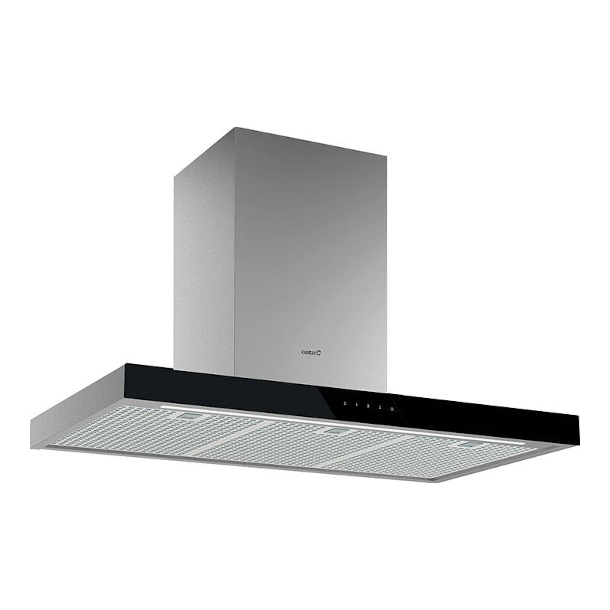 Campana extractora Cata LEGEND 9010XGBK, vista frontal en ángulo, acero inoxidable con panel negro.