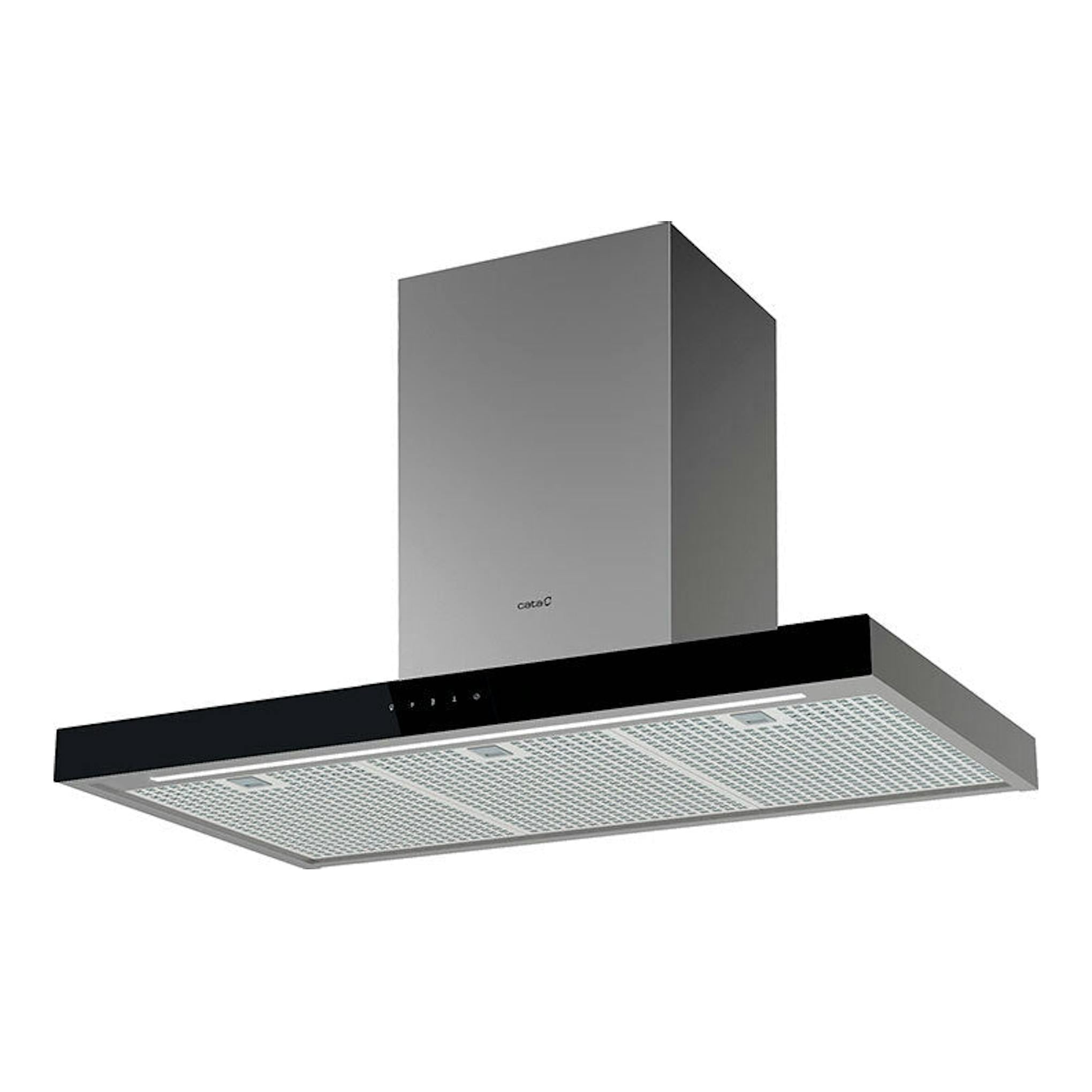 Campana decorativa Cata LEGEND 9010XGBK, vista frontal-inferior, acero inoxidable y negro.