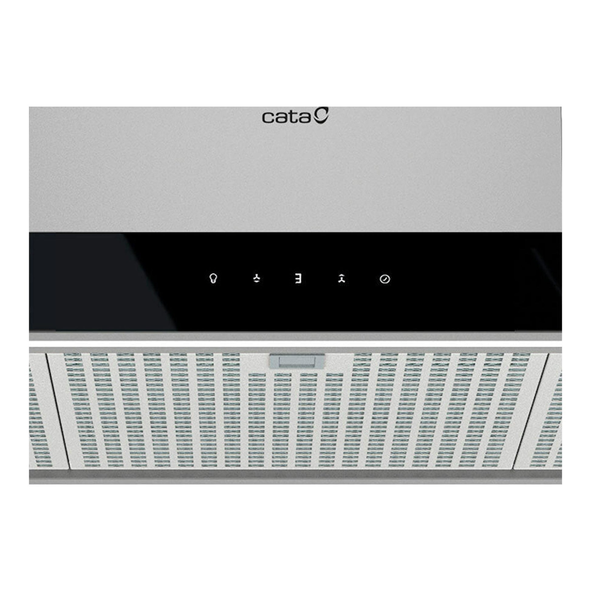 Campana decorativa Cata LEGEND 9010XGBK, vista frontal, acero inoxidable y panel negro táctil.