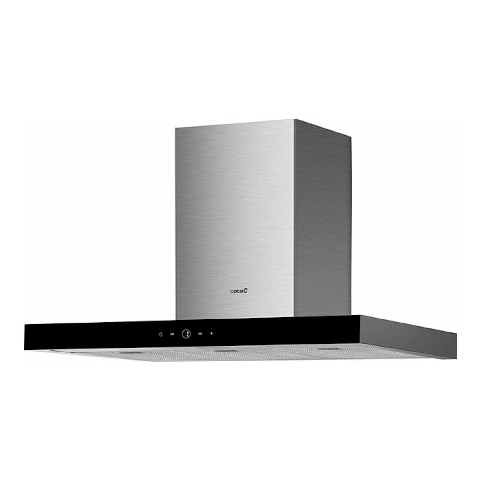 Campana extractora decorativa Cata Legend XGBK inox, vista frontal en ángulo, con panel negro y cuerpo plateado.