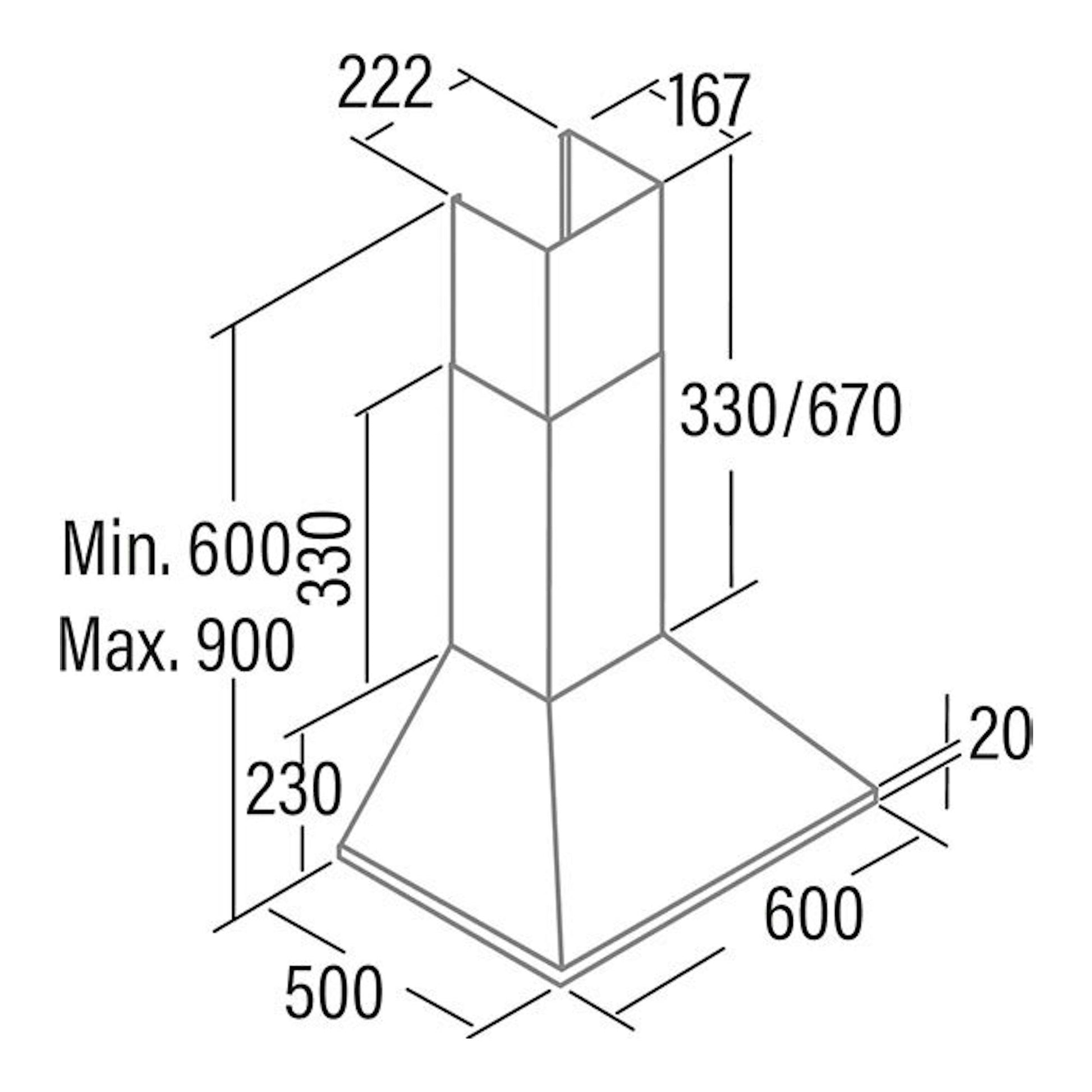 Dibujo técnico de la campana decorativa Cata OMEGAII600WH blanca, vista isométrica con cotas.