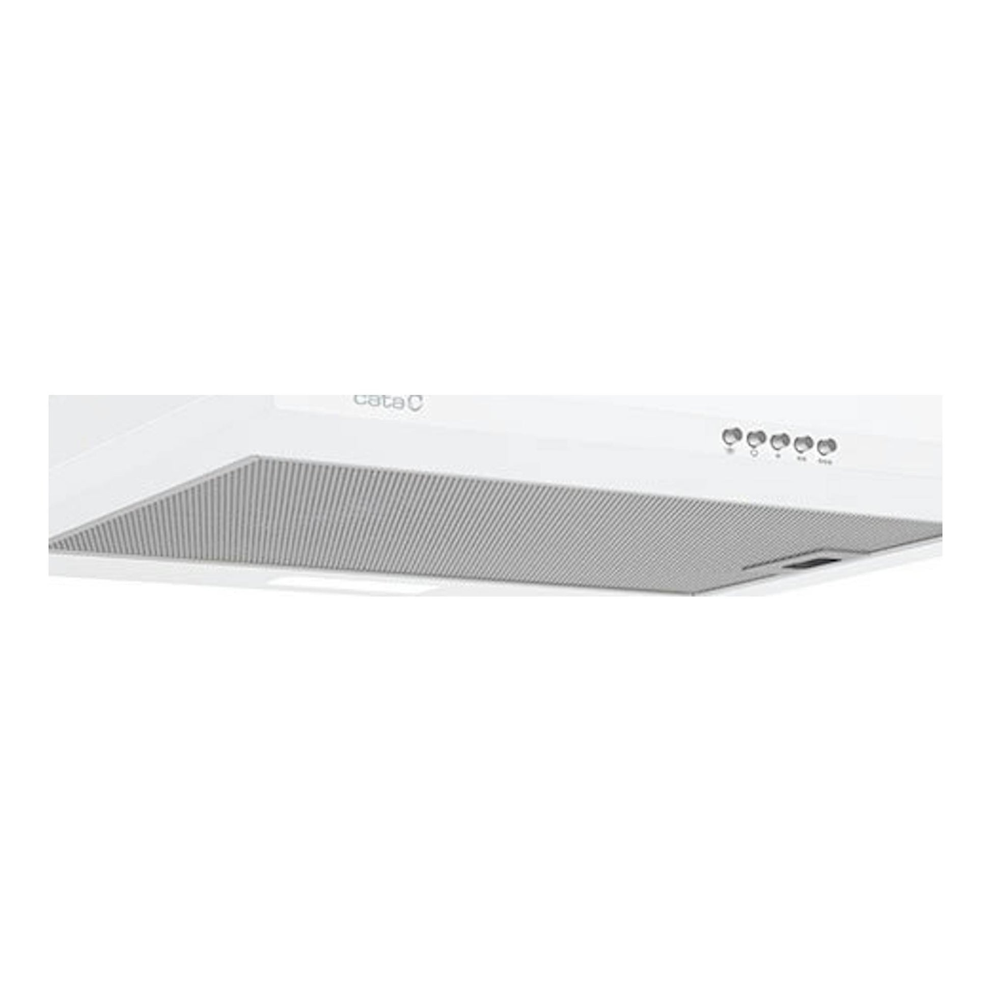Campana decorativa Cata OMEGAII600WH blanca, vista inferior frontal en ángulo.