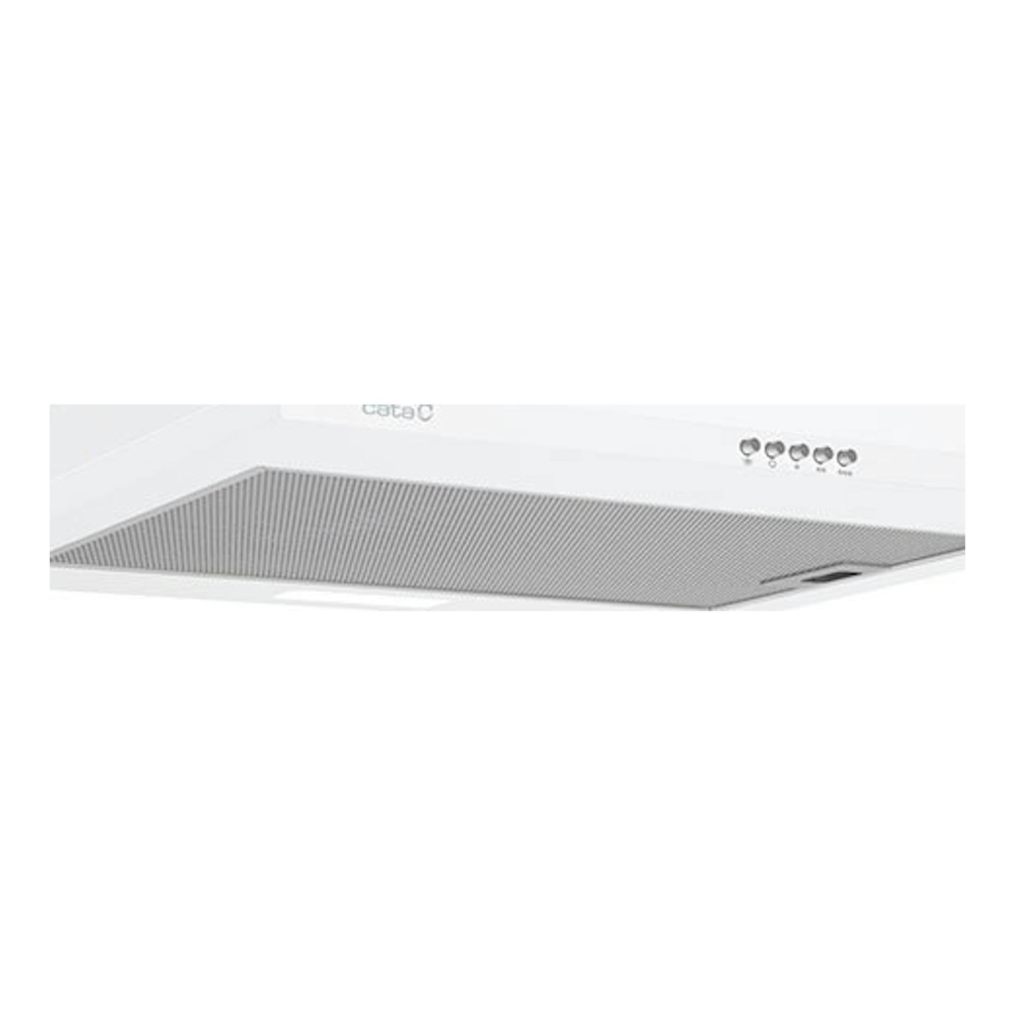 Campana decorativa Cata OMEGAII600WH blanca, vista inferior frontal en ángulo.