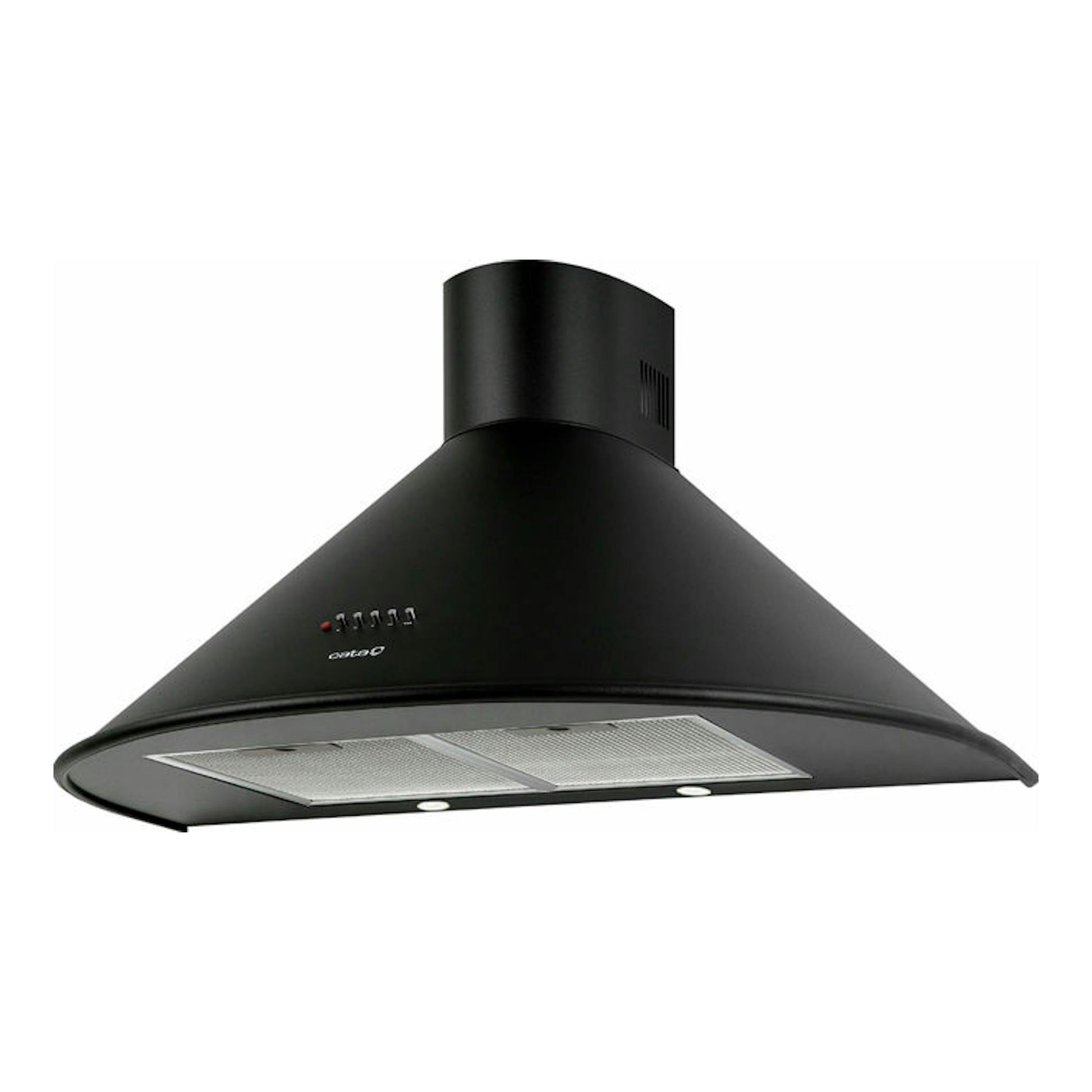 Campana decorativa Cata Q 600 BK negra, vista frontal en ángulo, con acabado cónico y filtros metálicos.