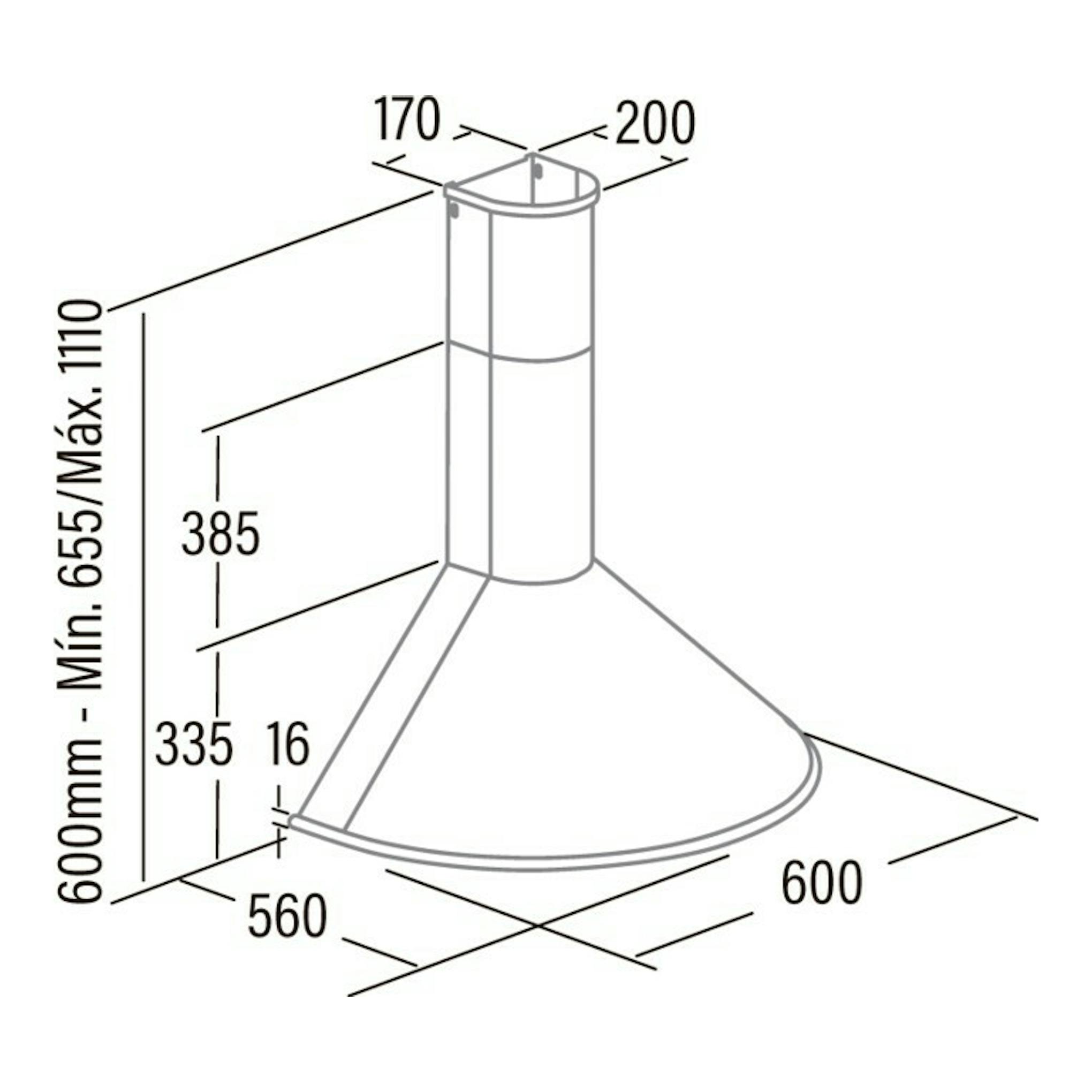 Cata Q 600 BK, campana decorativa negra, dibujo técnico con medidas y chimenea cilíndrica.