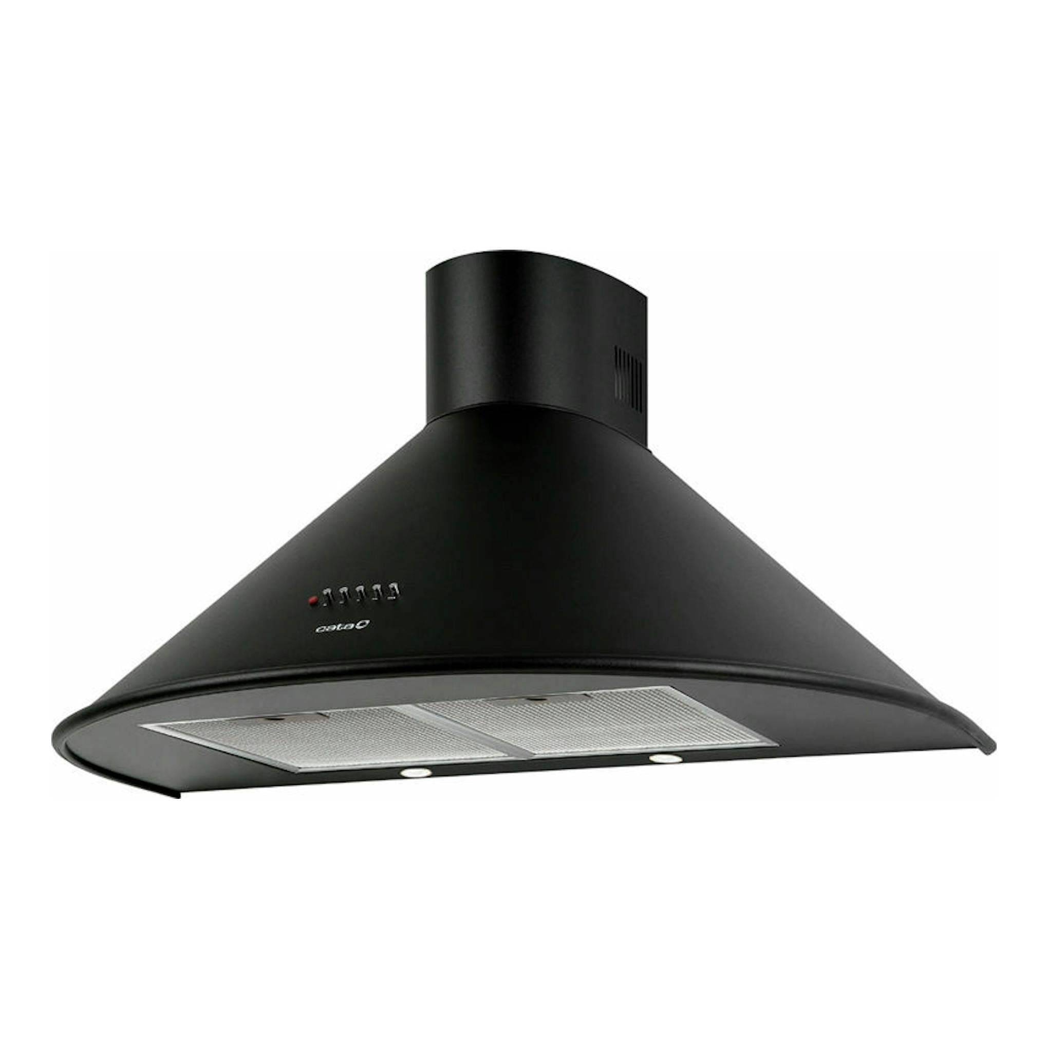 Campana decorativa Cata Q 900 BK negra, vista frontal en ángulo inferior.