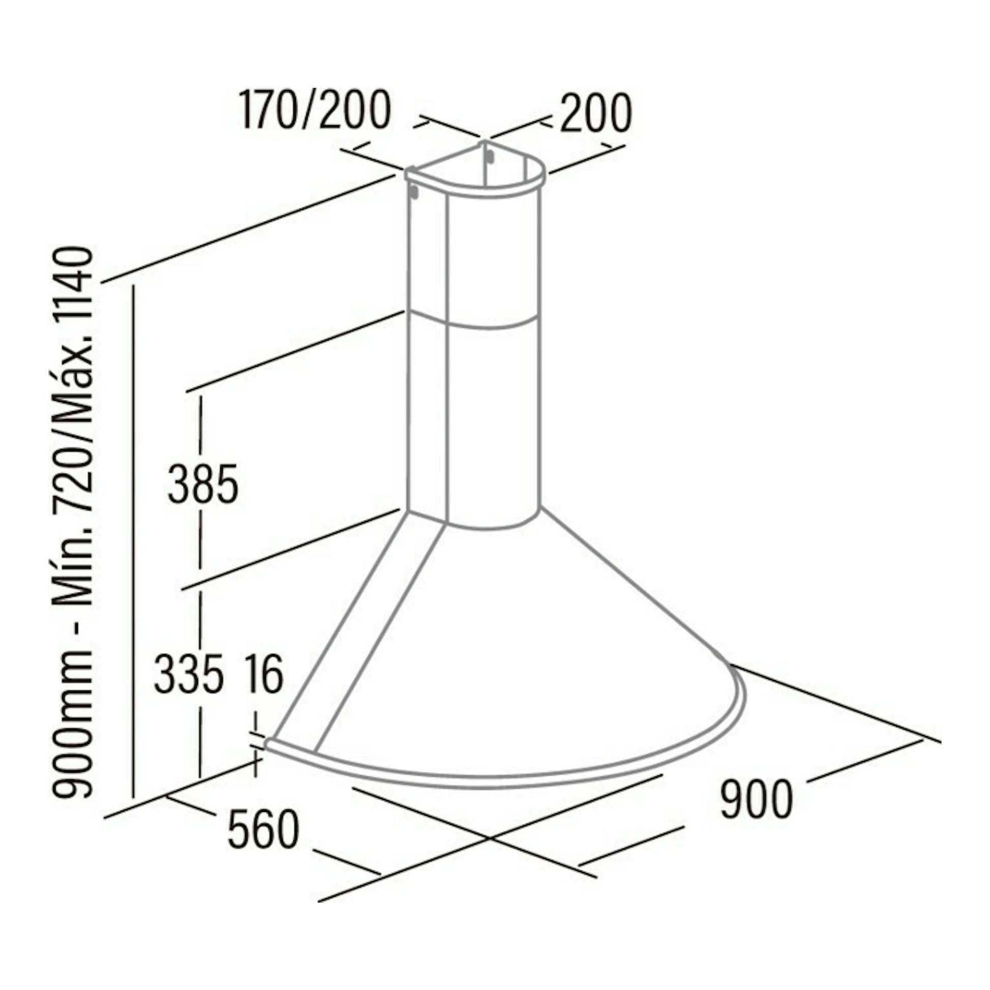Cata Q 900 BK: dibujo técnico de campana decorativa negra, vista frontal con medidas.
