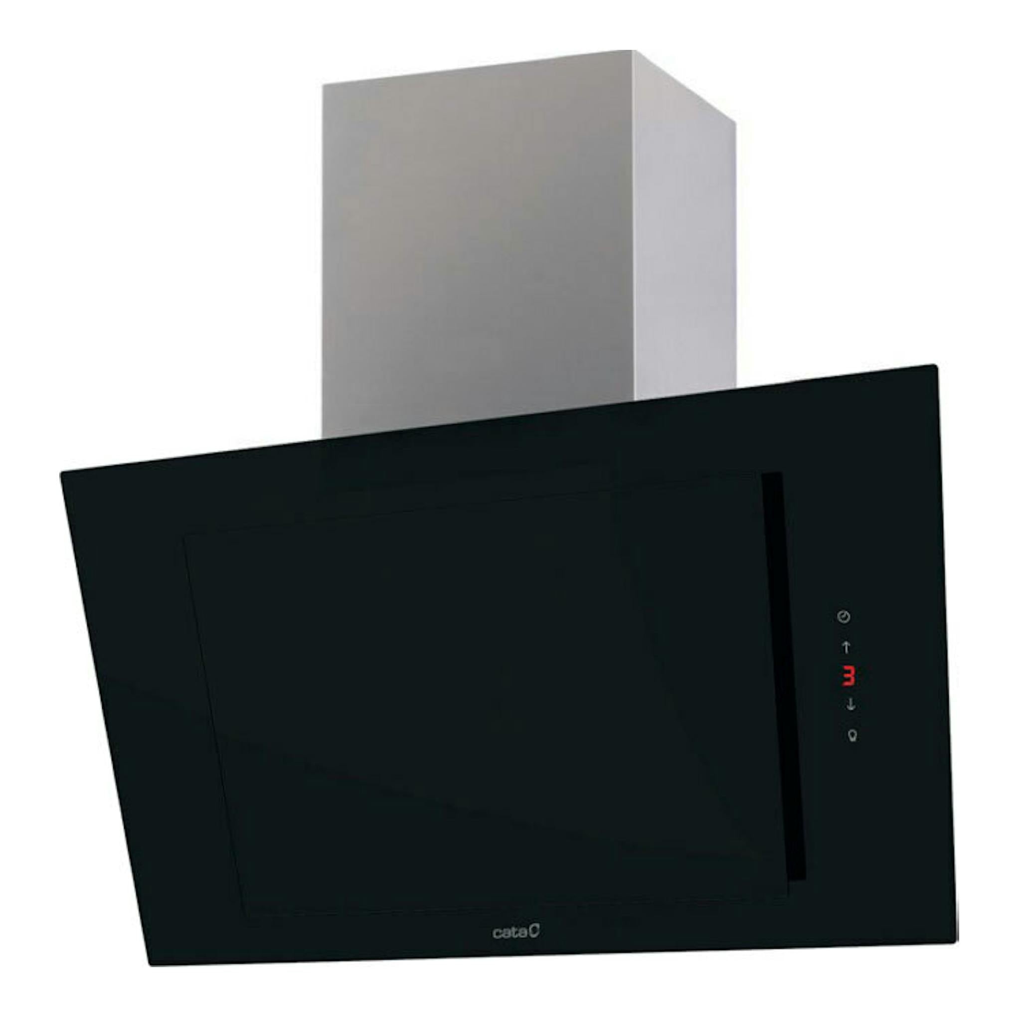 Campana extractora Cata Renova Pure Air VNV90XGBK negra, vista frontal con chimenea plateada.