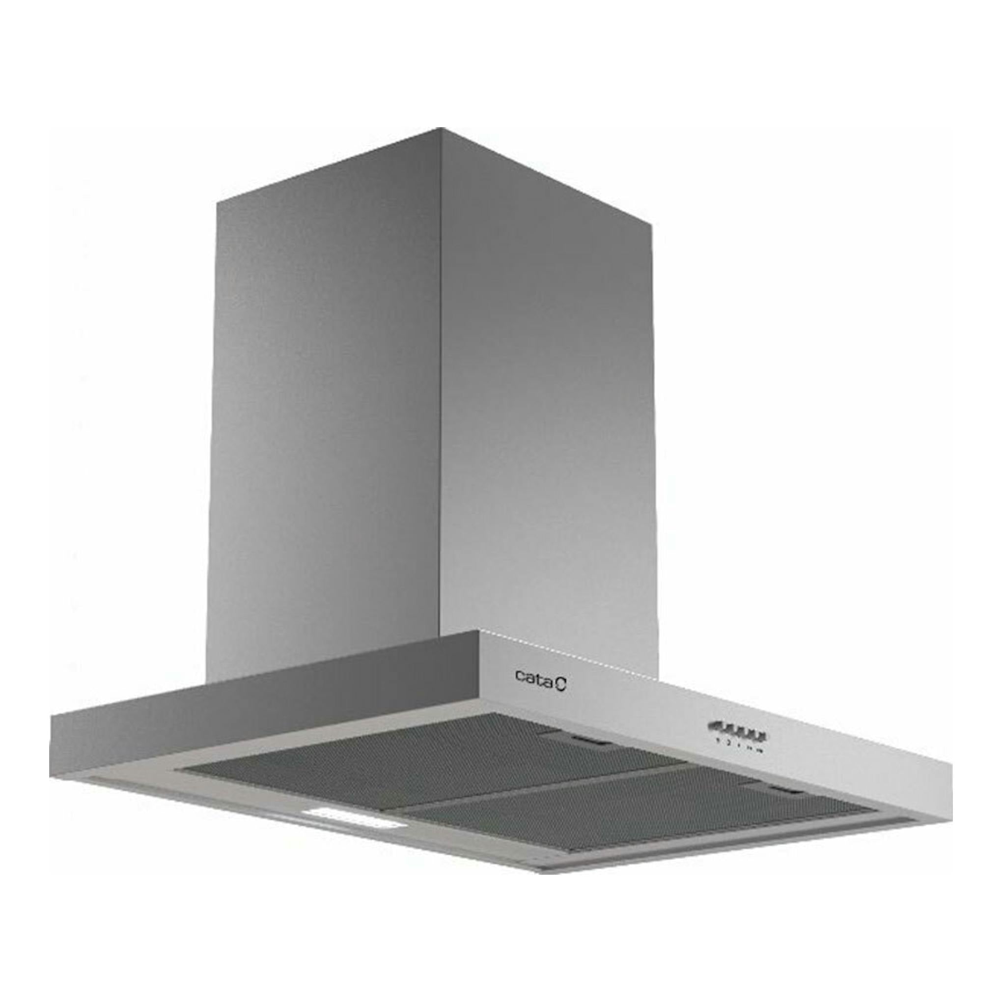 Campana decorativa Cata SPLUS 7010X inox, vista en ángulo frontal, color gris plateado.