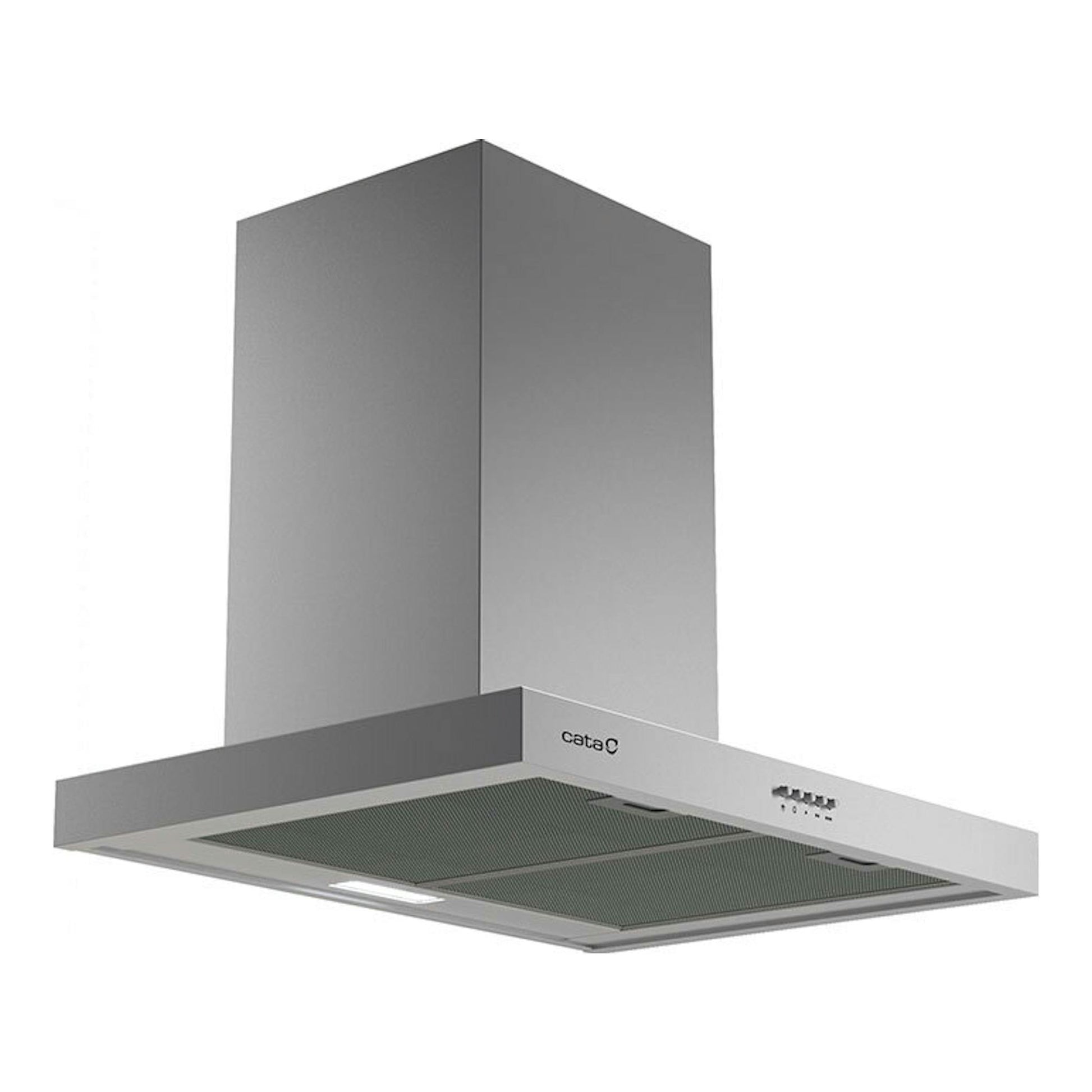 Campana decorativa Cata SPLUS6010X inox, vista frontal inferior, acero inoxidable.