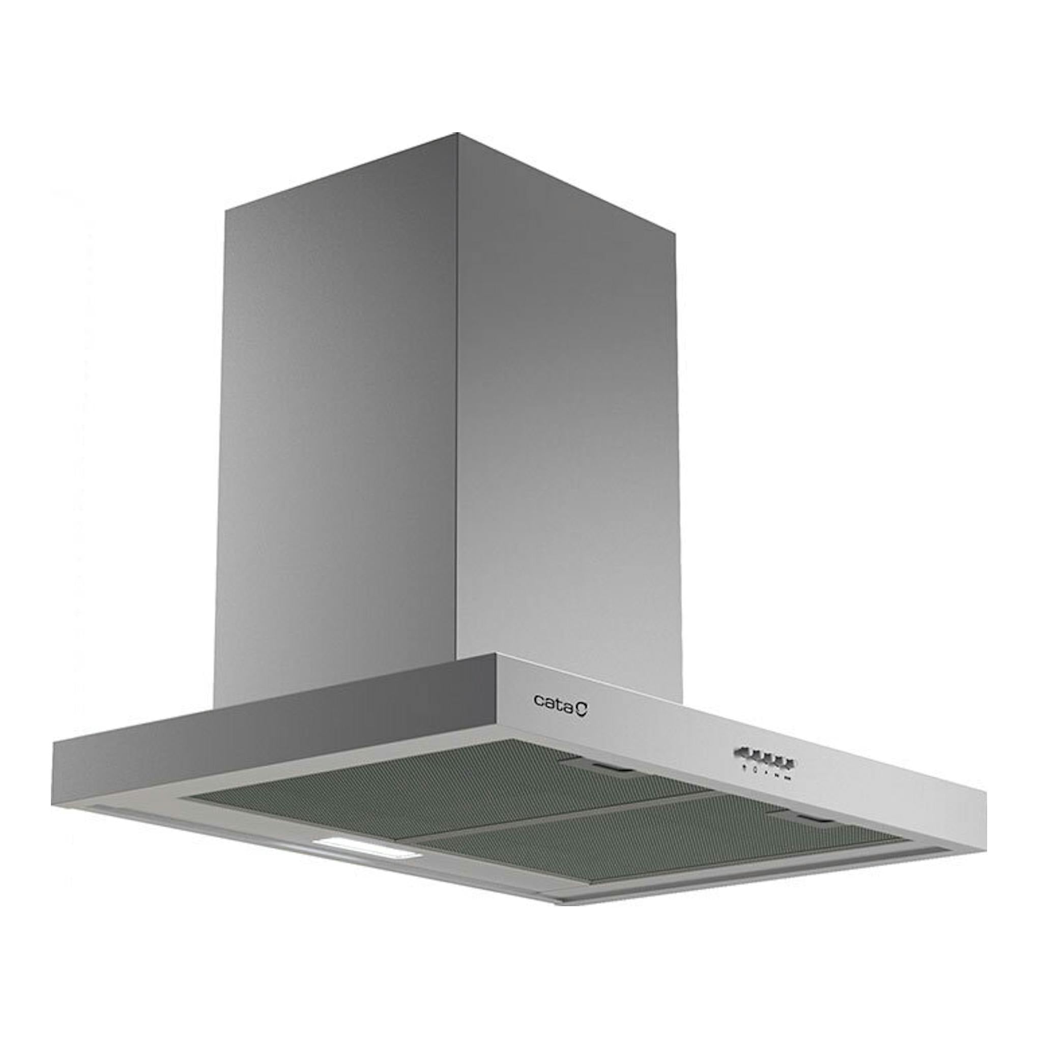 Campana decorativa Cata SPLUS6010X inox, vista frontal inferior, acero inoxidable.