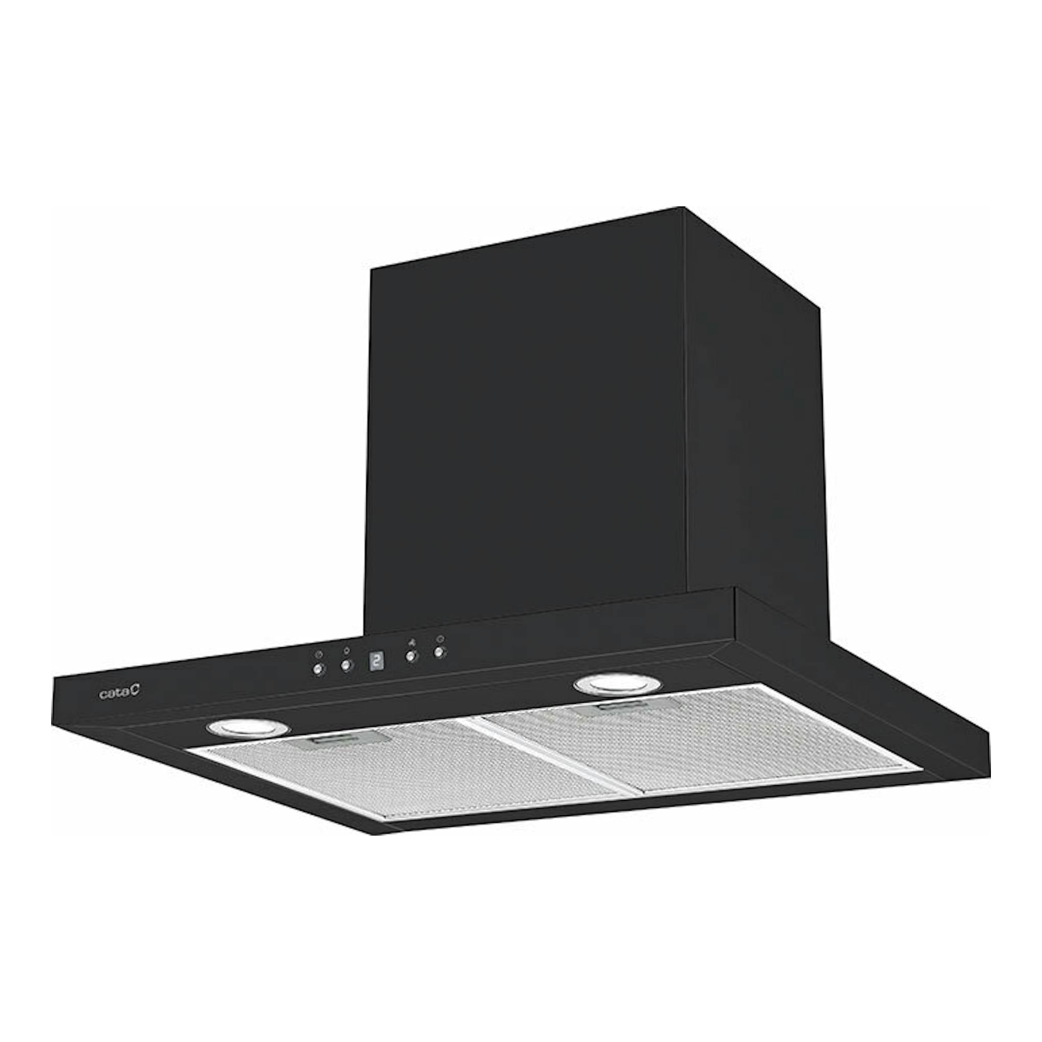 Campana extractora Cata SPRO 6000BK negra de 60 cm, vista inferior y frontal en ángulo.