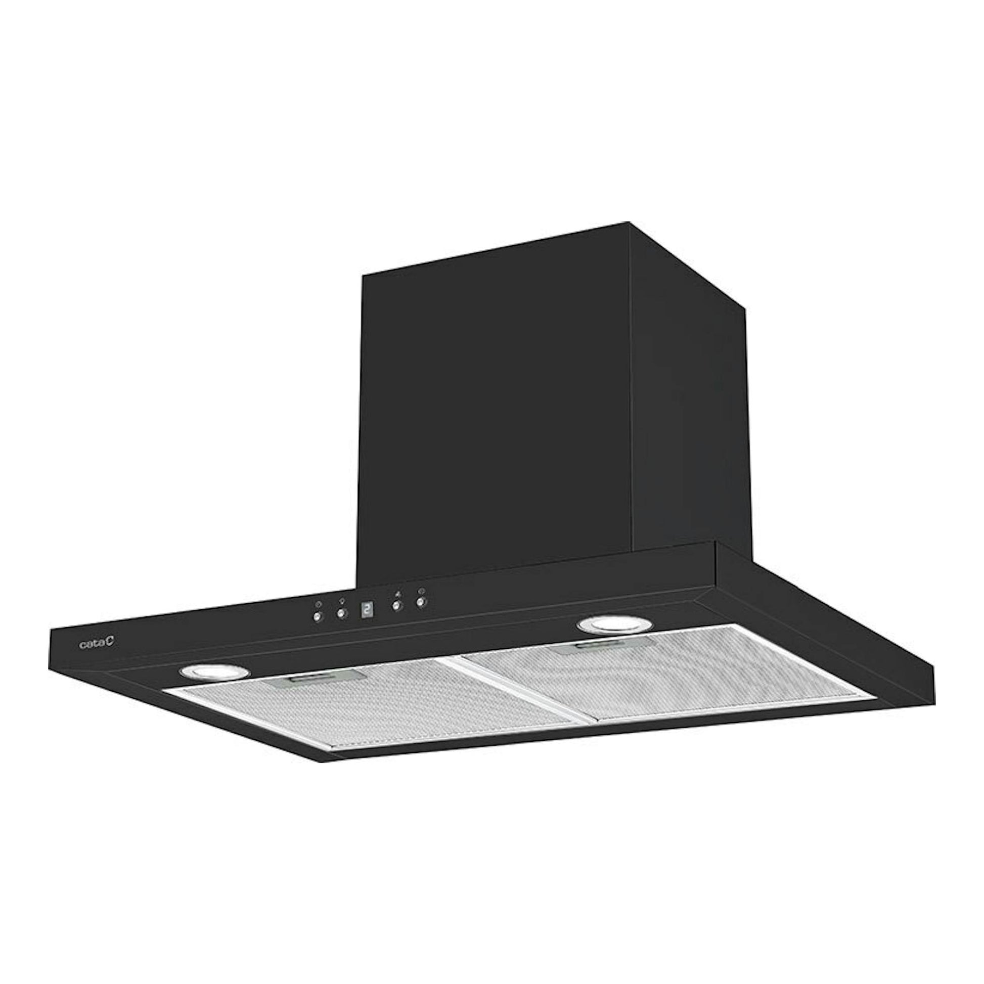 Campana extractora Cata SPRO 7000BK negra, vista inferior y frontal en ángulo, con filtros metálicos.