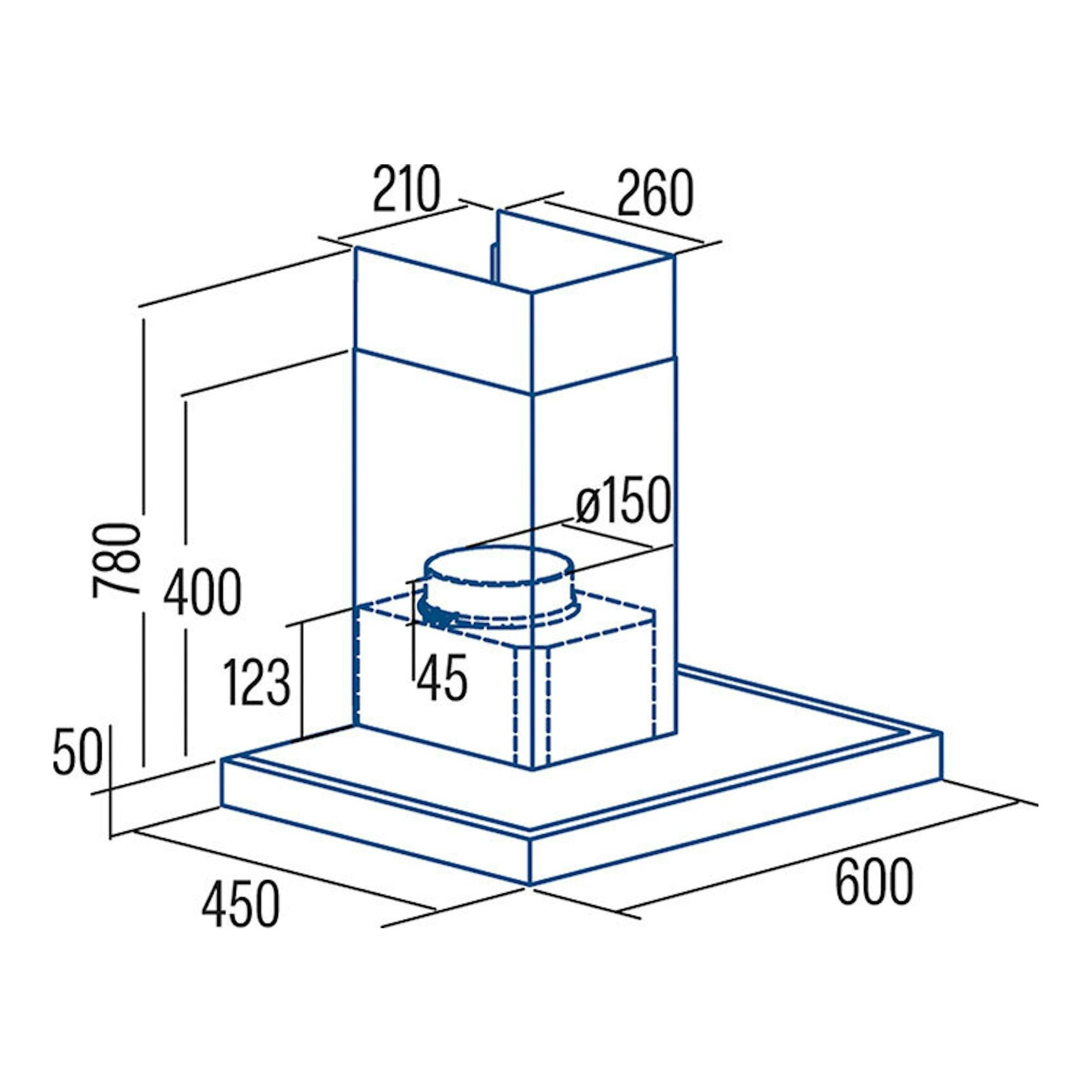 Cata ST6010X: dibujo técnico de campana decorativa inox de pared, con medidas y chimenea vertical.