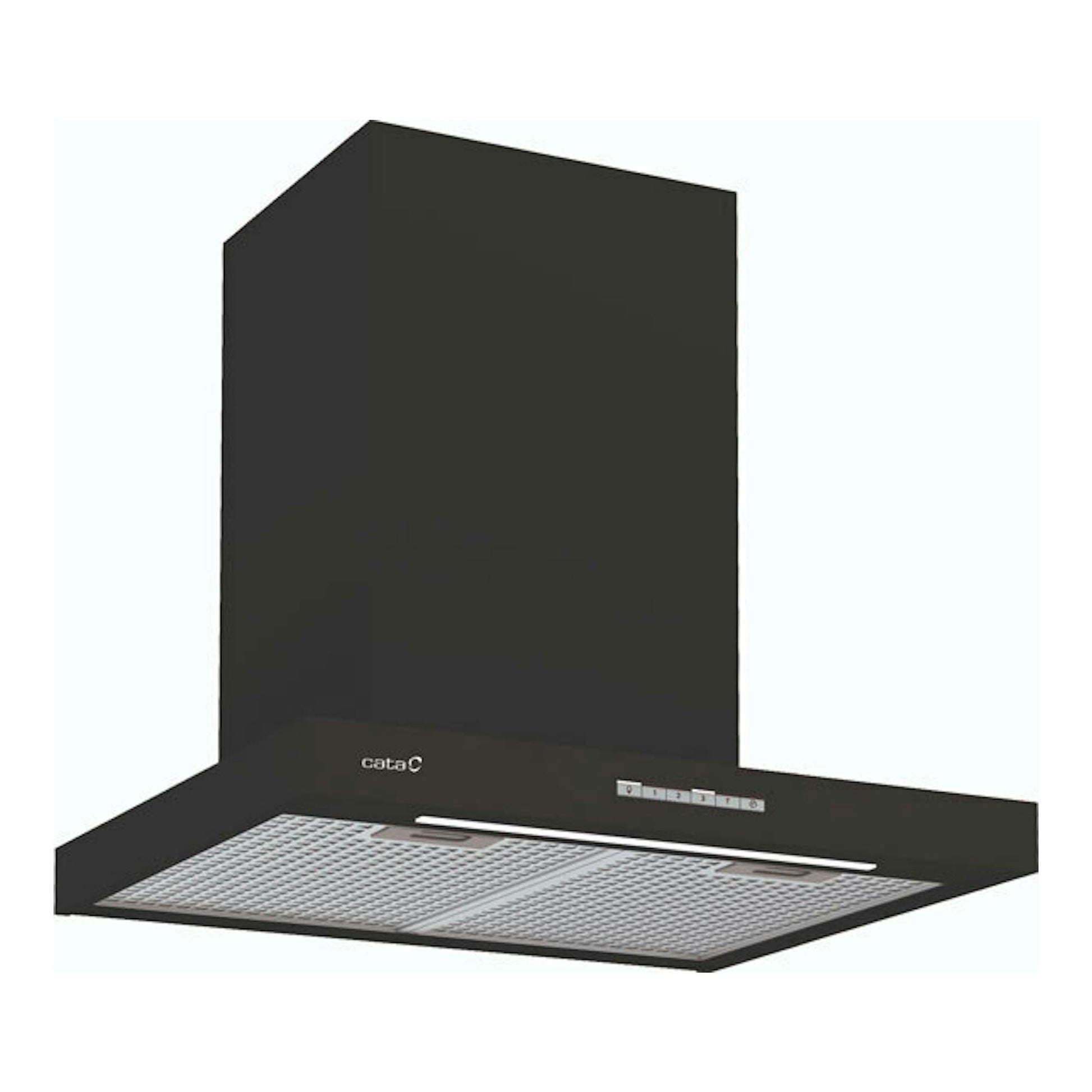 Campana extractora decorativa Cata SYGMA 6010 BK negra, vista frontal en ángulo, 60 cm.