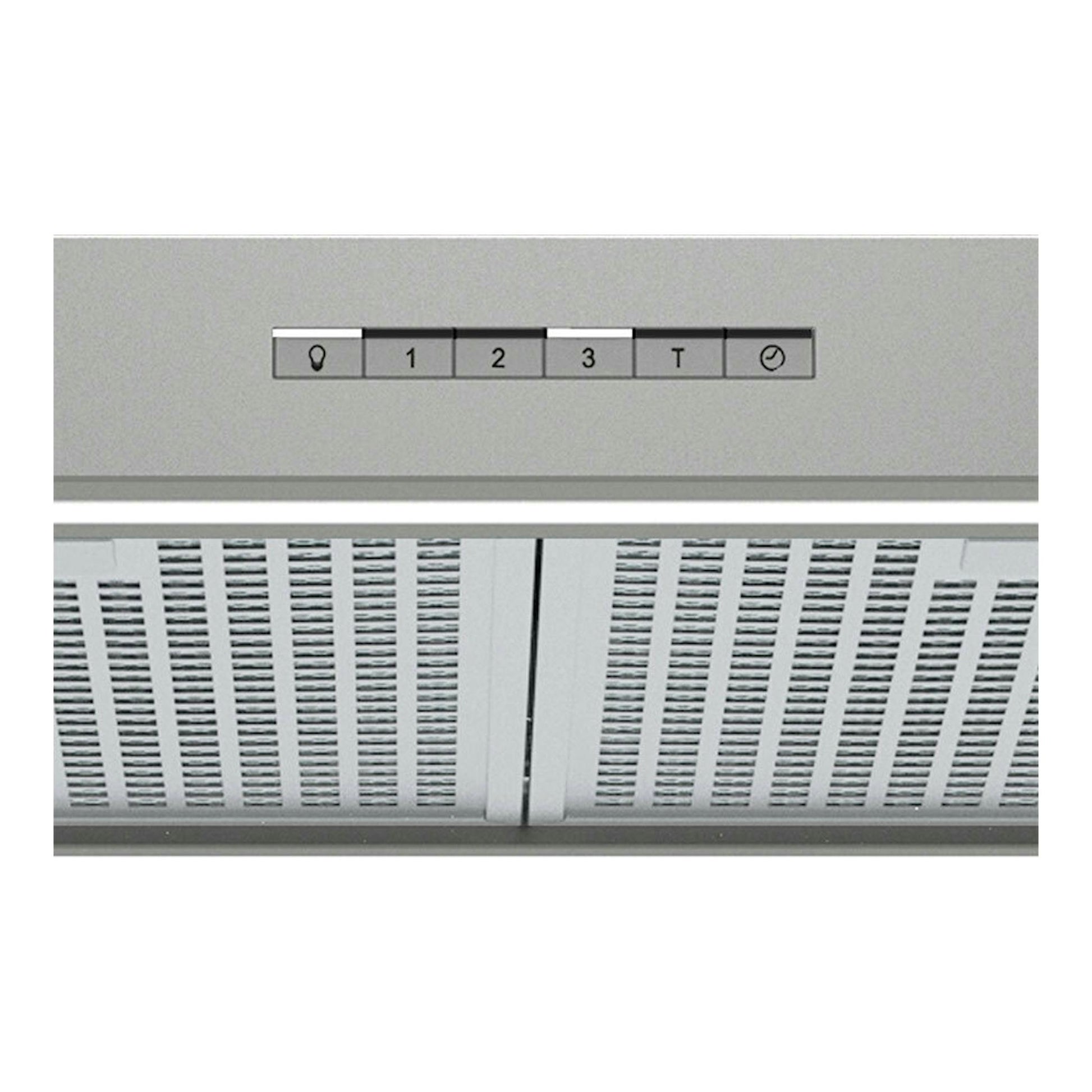 Campana extractora Cata SYGMA 7010X de acero inoxidable, vista frontal del panel de controles y filtros.