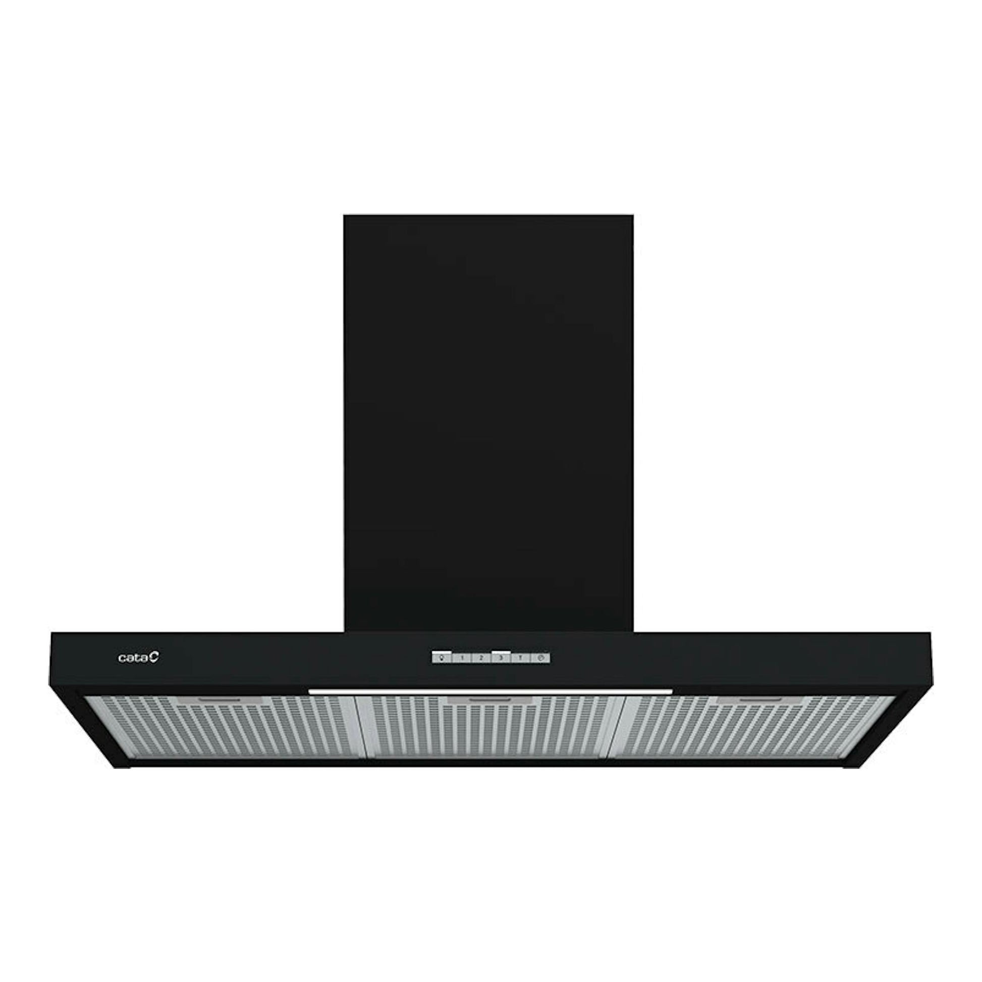 Campana decorativa Cata SYGMA 9010BK negra, vista frontal, con chimenea vertical y filtros metálicos.