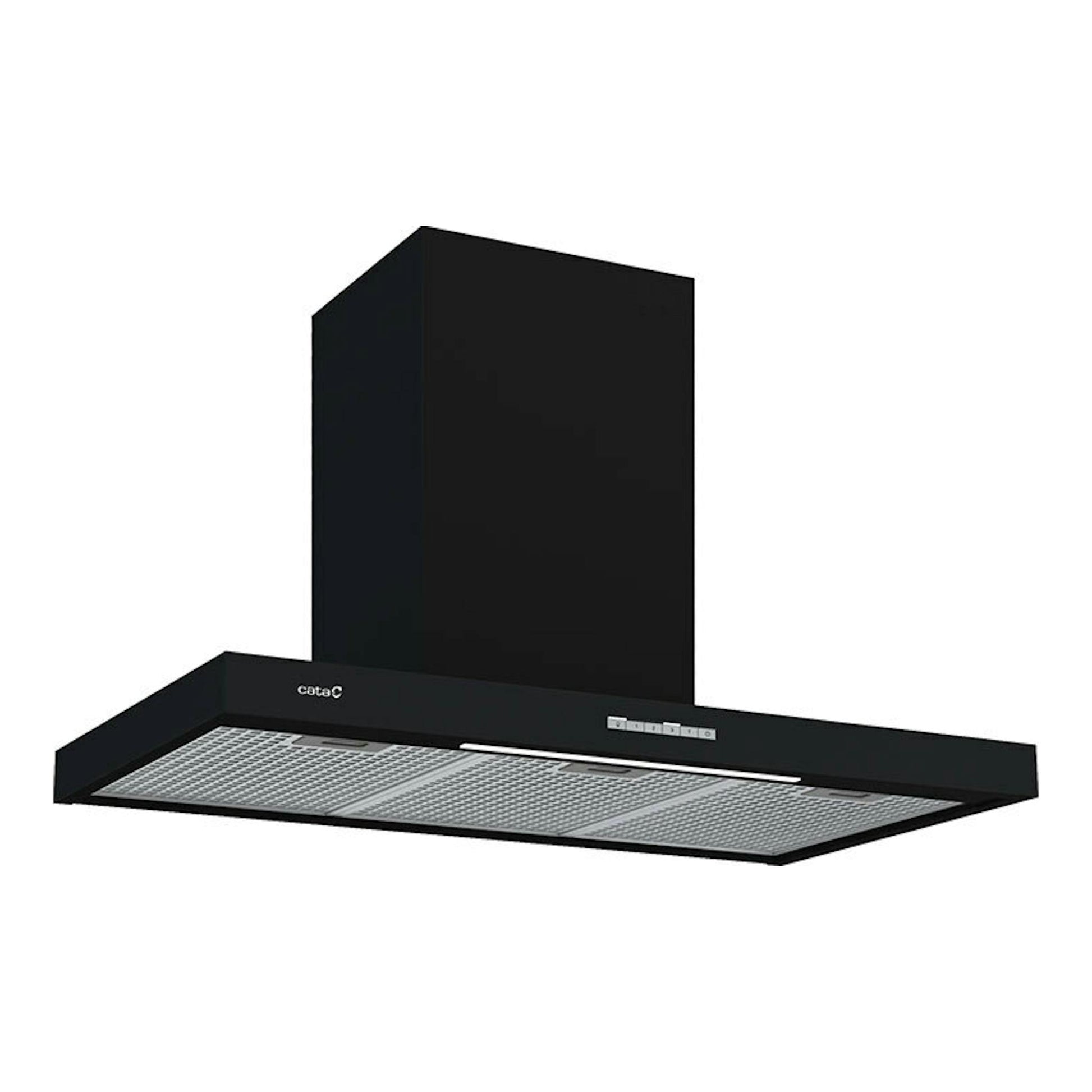 Campana decorativa Cata SYGMA 9010BK negra, vista frontal en ángulo, con panel de control y filtro metálico.