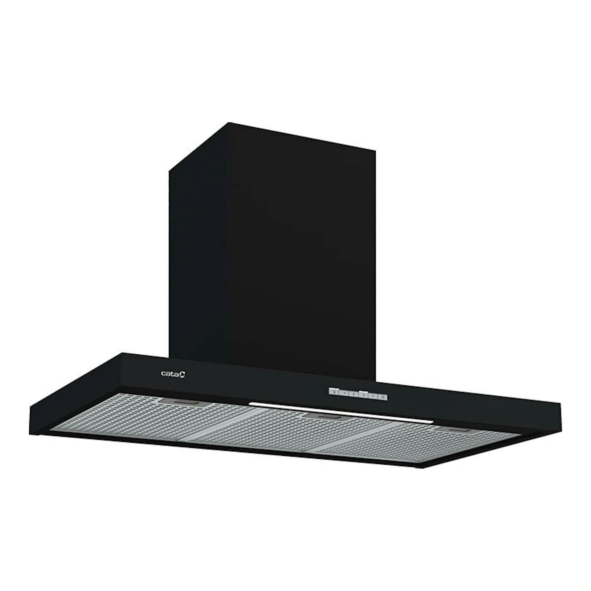 Campana decorativa Cata SYGMA 9010BK negra, vista frontal en ángulo, con panel de control y filtro metálico.