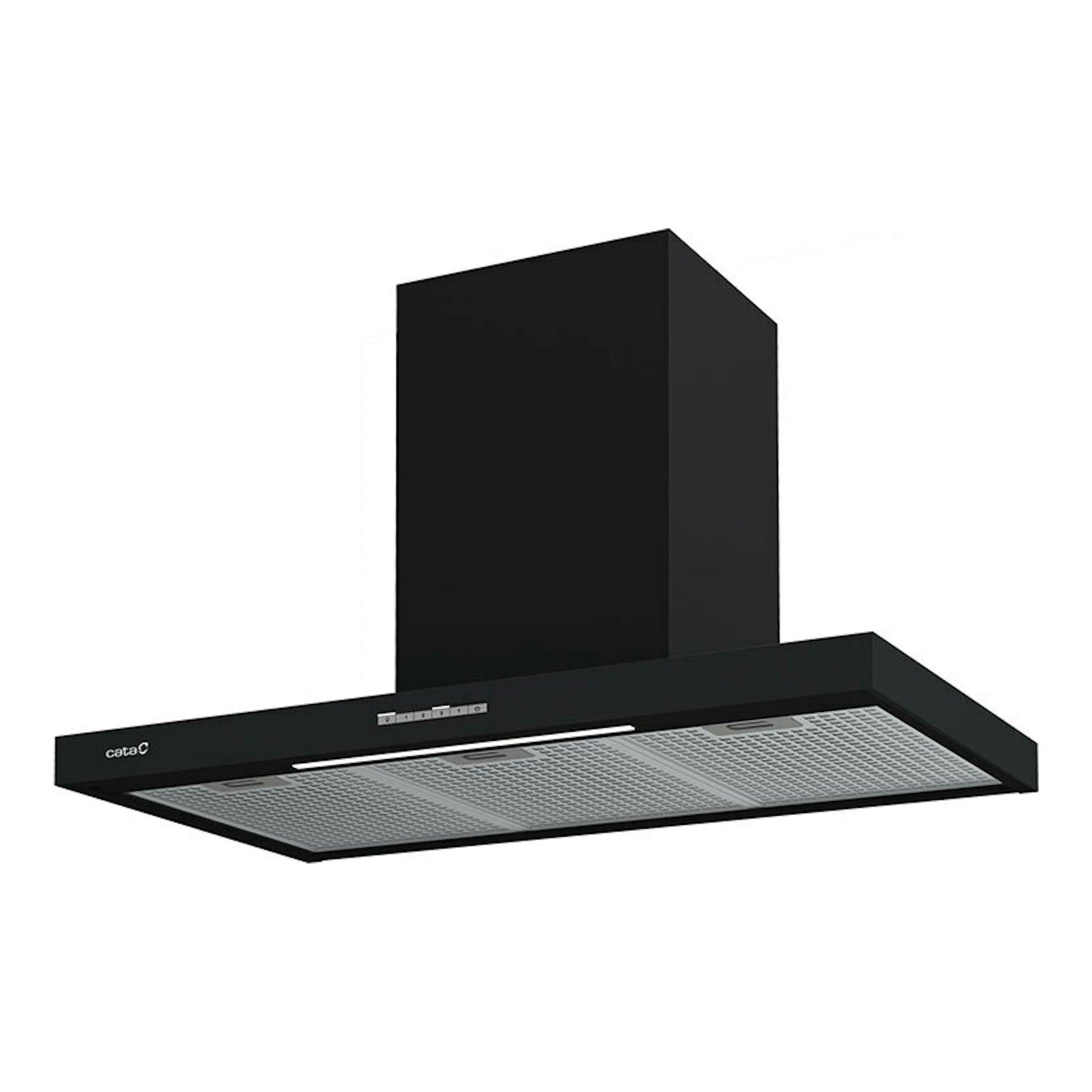 Campana decorativa Cata SYGMA 9010BK negra, vista frontal en ángulo con chimenea y filtro metálico.