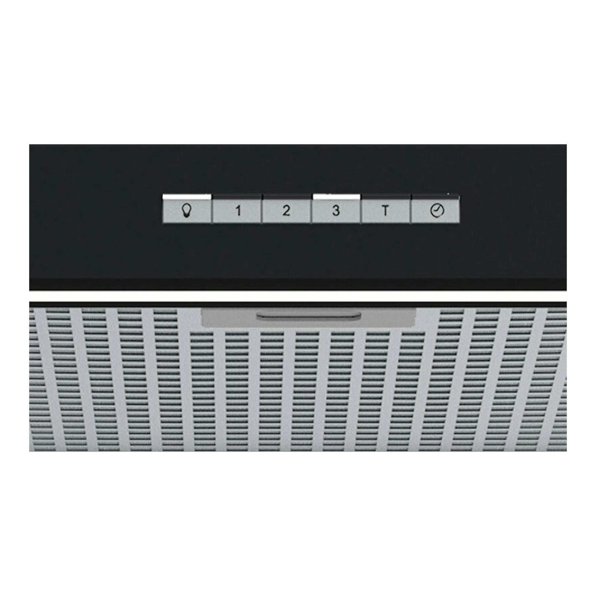 Campana extractora Cata SYGMA 9010BK negra, vista frontal parcial con panel de control y filtro inferior.