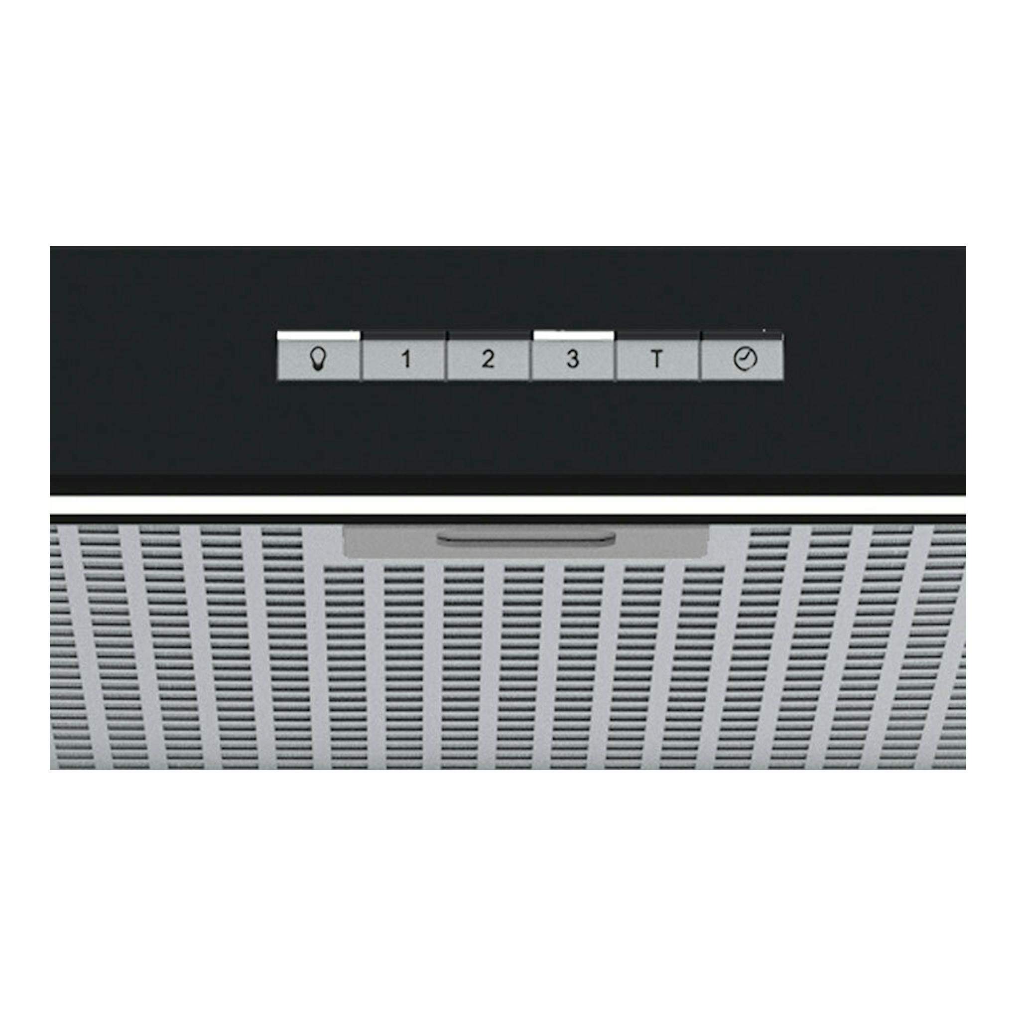 Campana extractora Cata SYGMA 9010BK negra, vista frontal parcial con panel de control y filtro inferior.