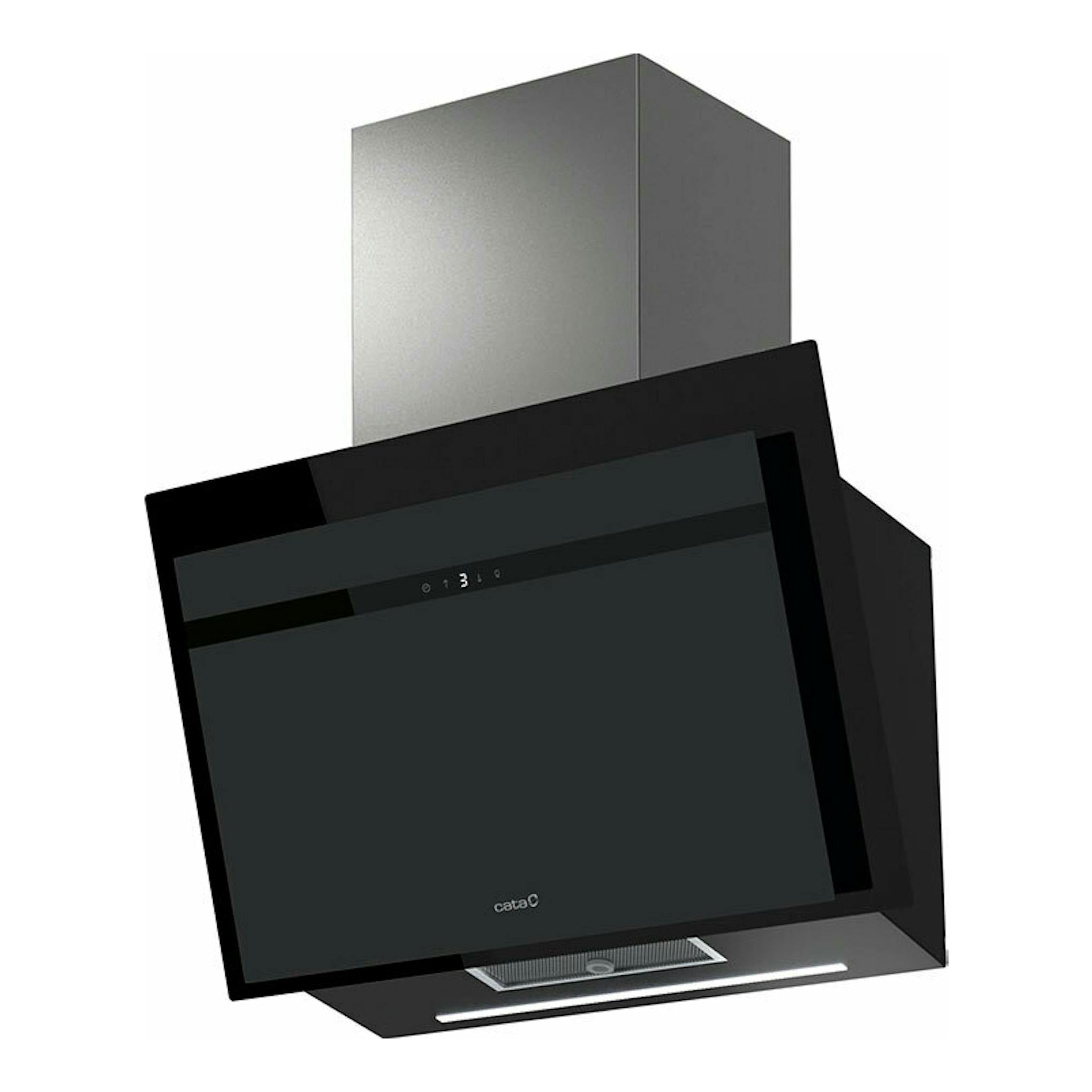 Campana decorativa Cata Thalassa EVO 70GBK negra, vista frontal inclinada, con chimenea plateada.