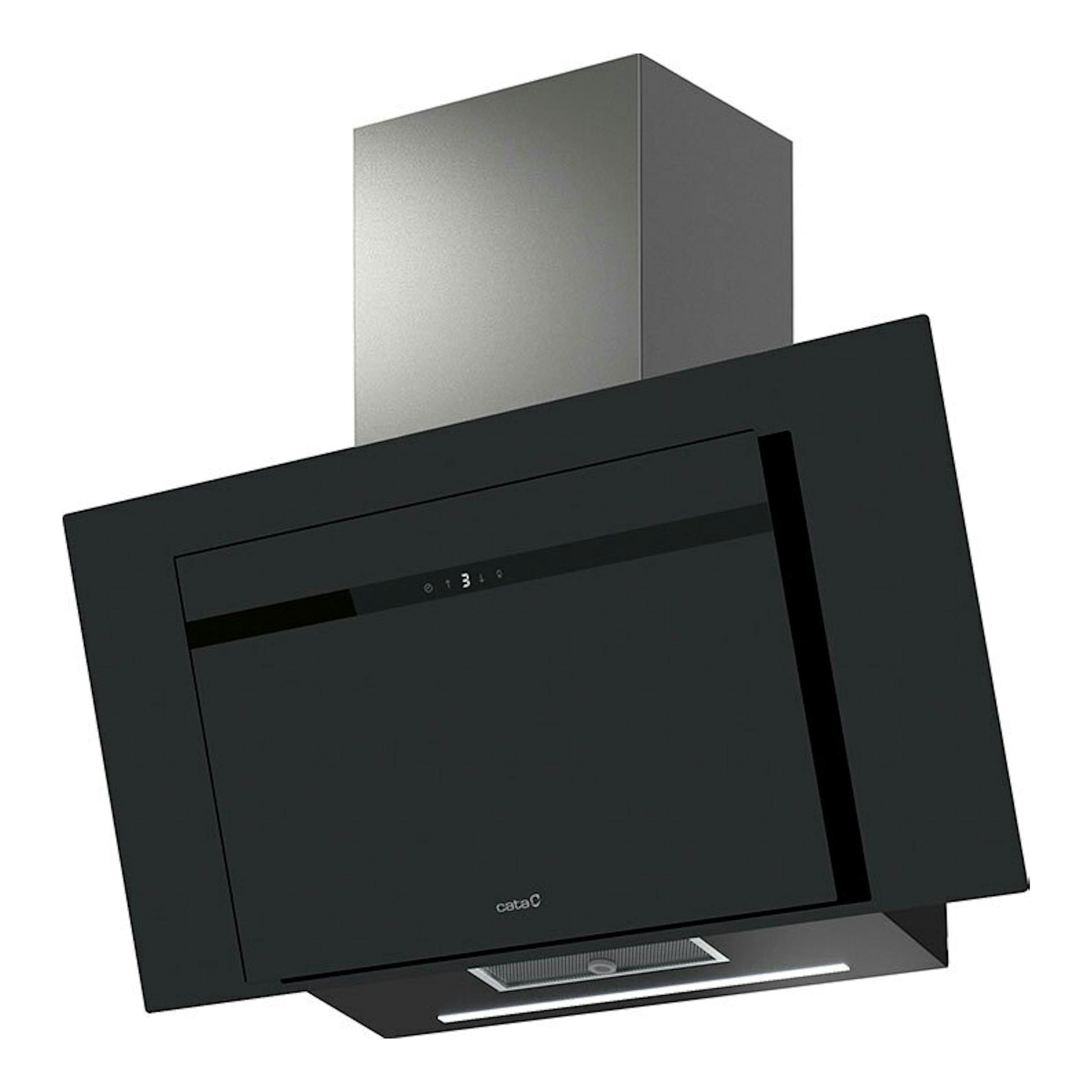 Campana extractora Cata Thalassa EVO NO DRIP 90GBK en negro, vista frontal inclinada, con chimenea plateada.
