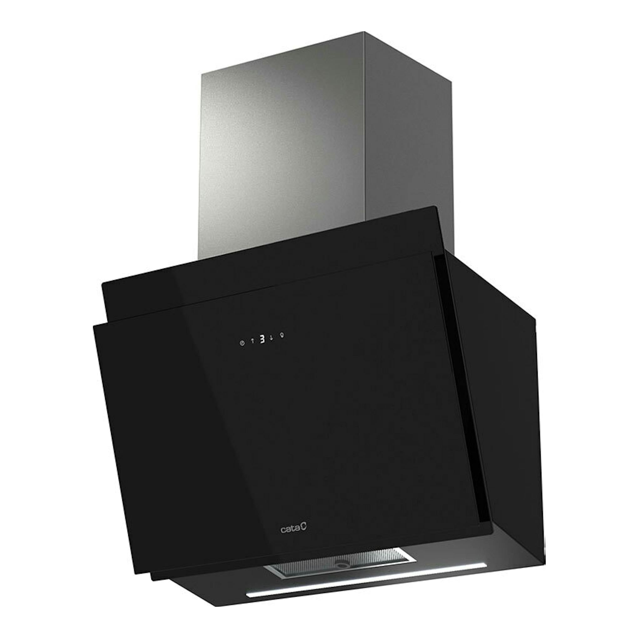 Campana extractora Cata Thalassa Pro 600 GBK de cristal negro, vista frontal en ángulo, con chimenea inox.
