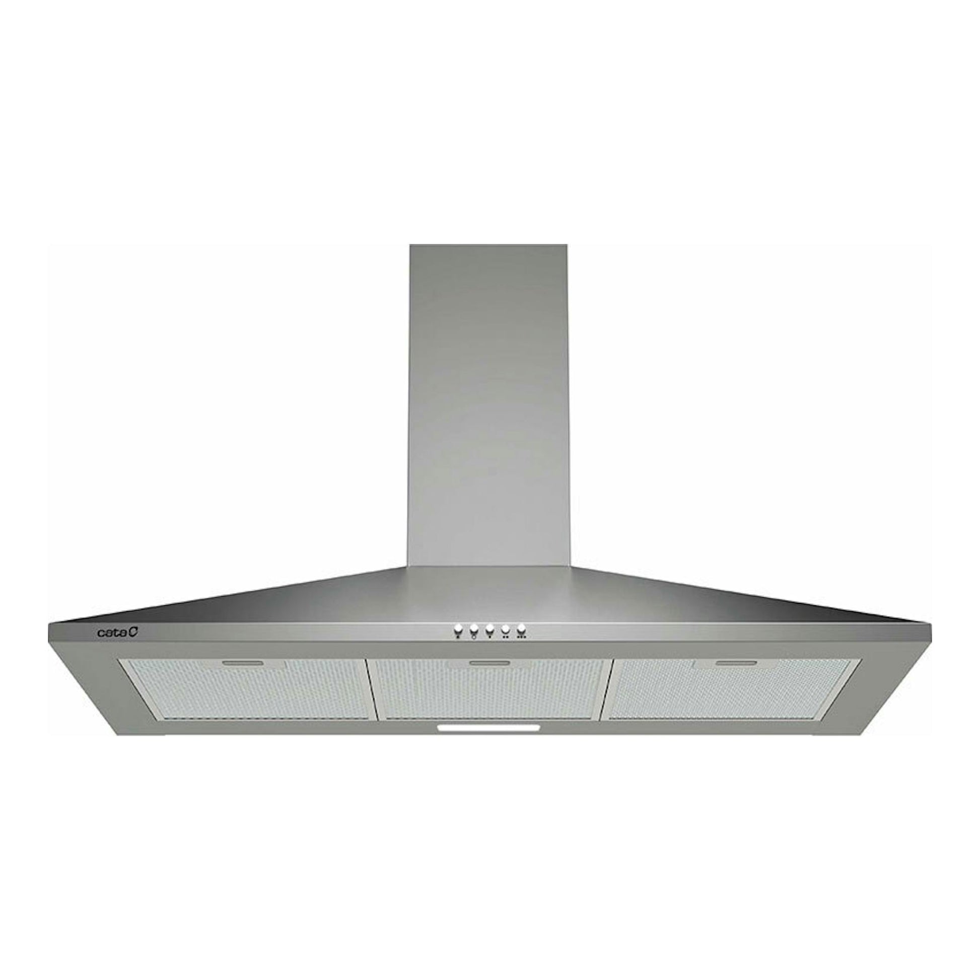 Campana decorativa Cata inox, vista frontal, con chimenea central y filtros metálicos.
