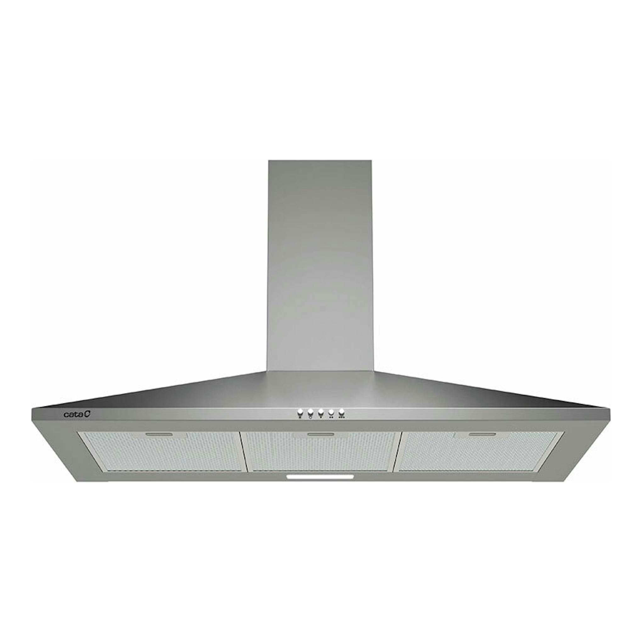 Campana decorativa Cata inox, vista frontal, con chimenea central y filtros metálicos.