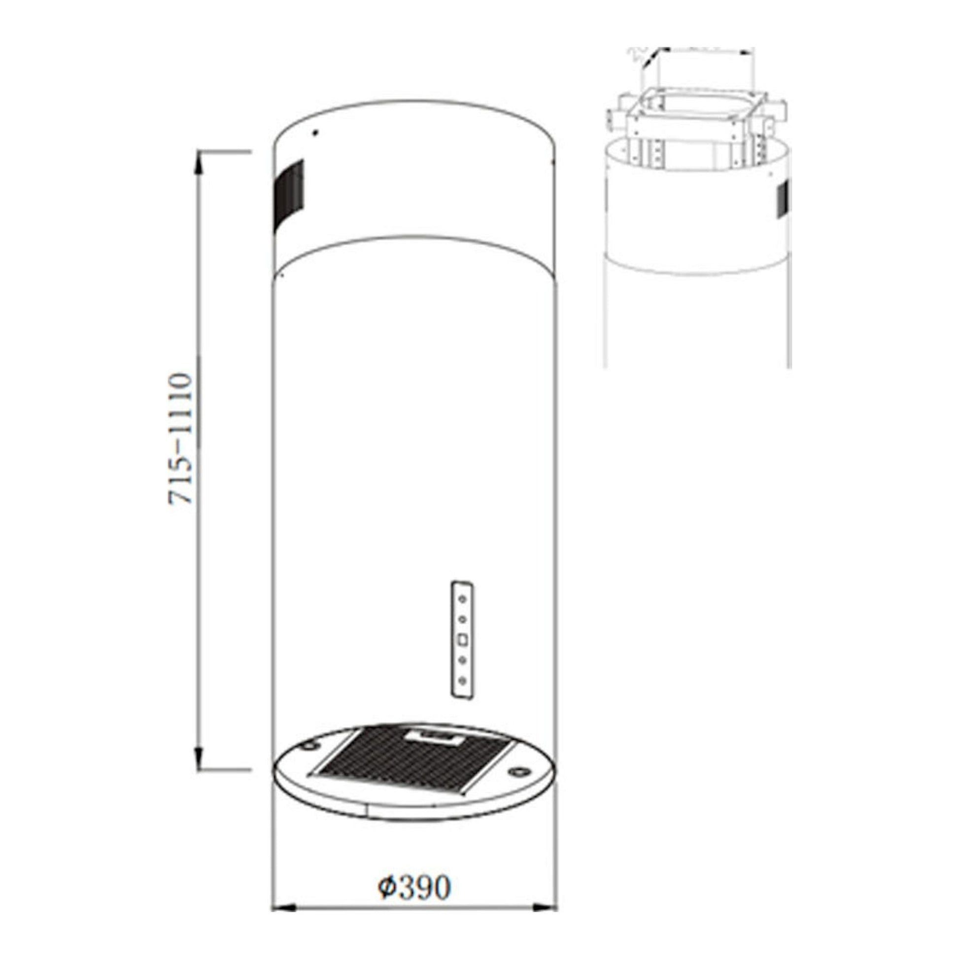 Dibujo técnico de campana de isla Fagor 3CFC455IX, cilíndrica en acero inoxidable, con medidas.