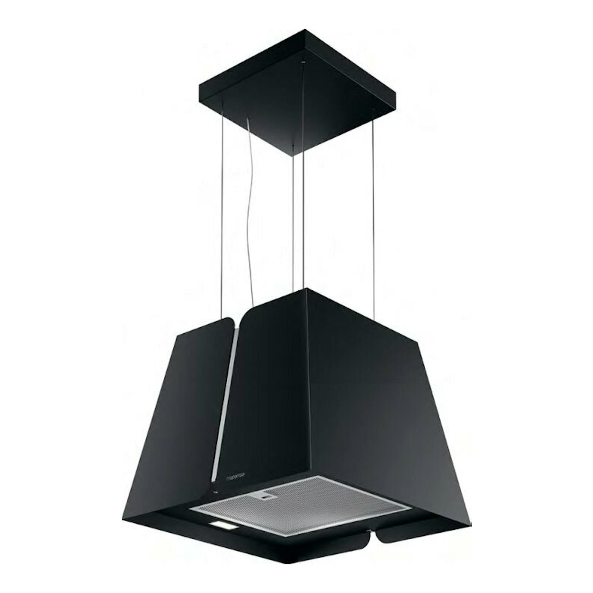 Campana de isla Mepamsa Victoria 43 cm negra mate, vista frontal inferior, suspendida del techo.