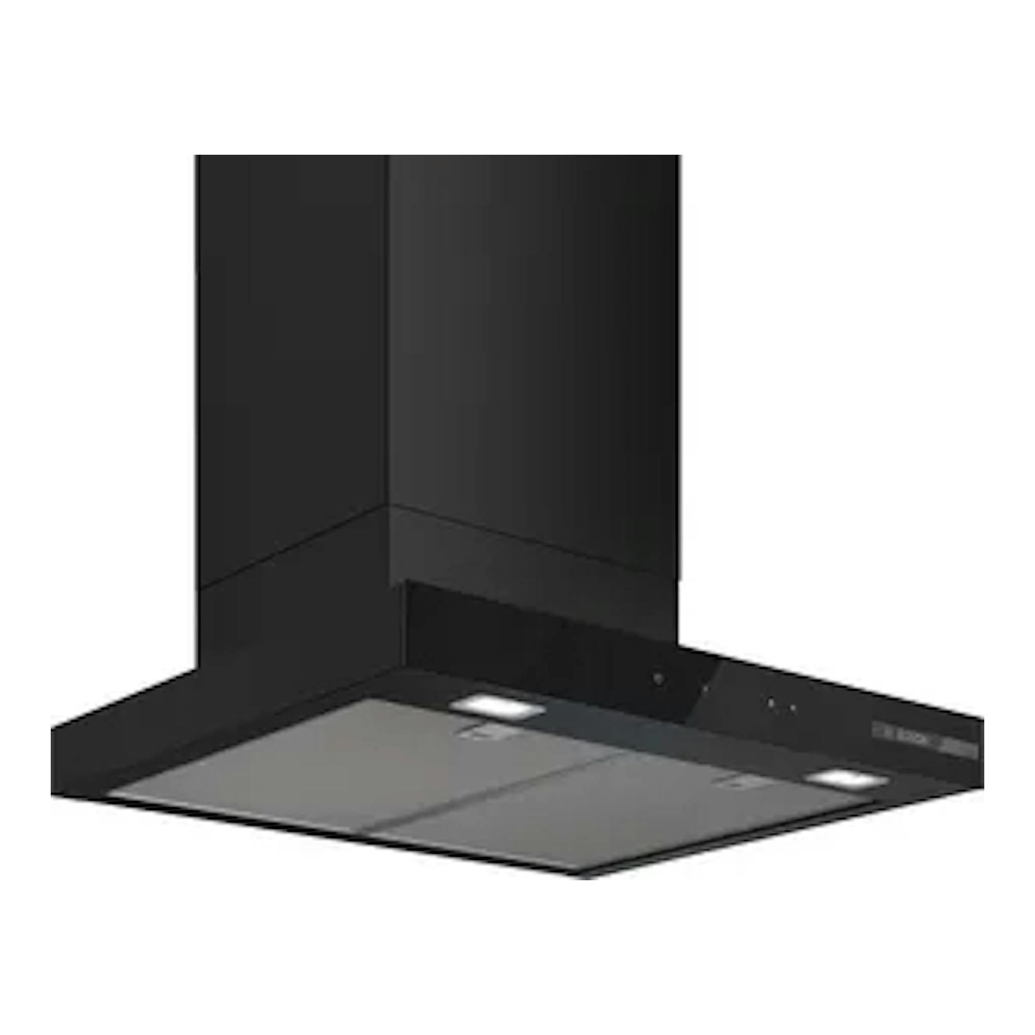 Campana extractora Bosch DWB67DN60 negra mate, vista en ángulo frontal con luces inferiores.