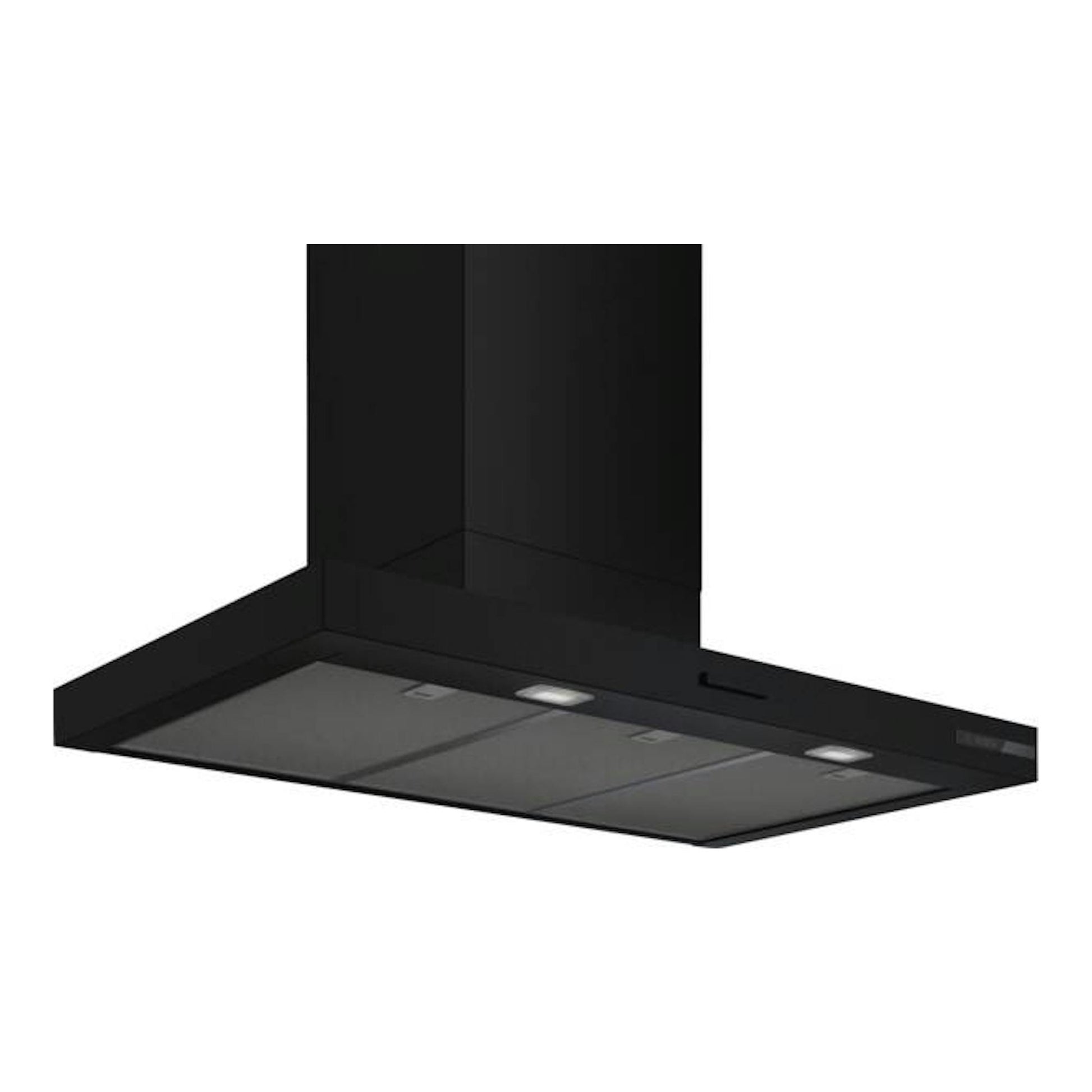 Campana decorativa de pared Bosch DWB95CC60, negra mate, vista frontal en ángulo.