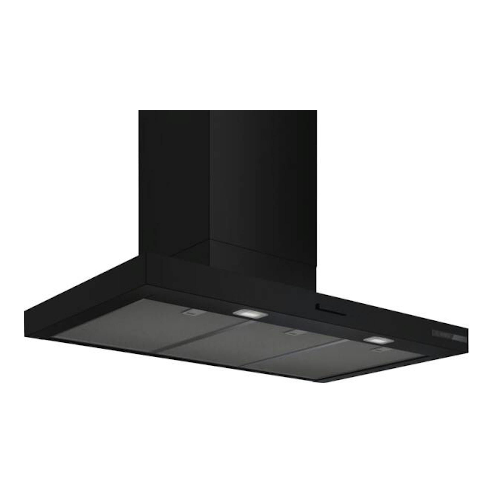 Campana decorativa de pared Bosch DWB95CC60, negra mate, vista frontal en ángulo.