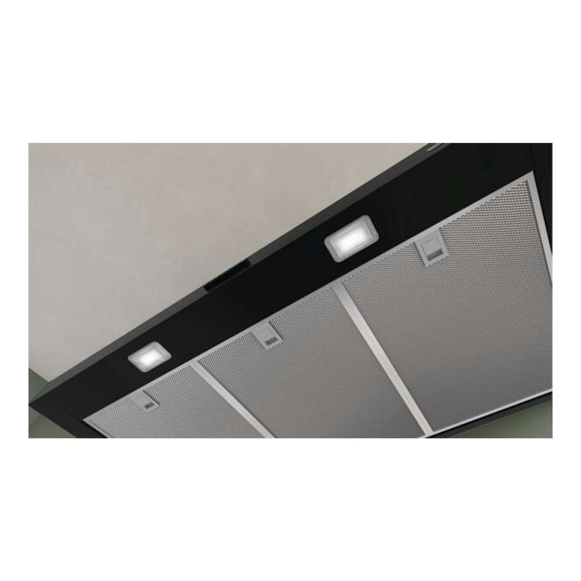 Campana extractora Bosch DWB95CC60 negra mate, vista inferior con filtros metálicos y luces.