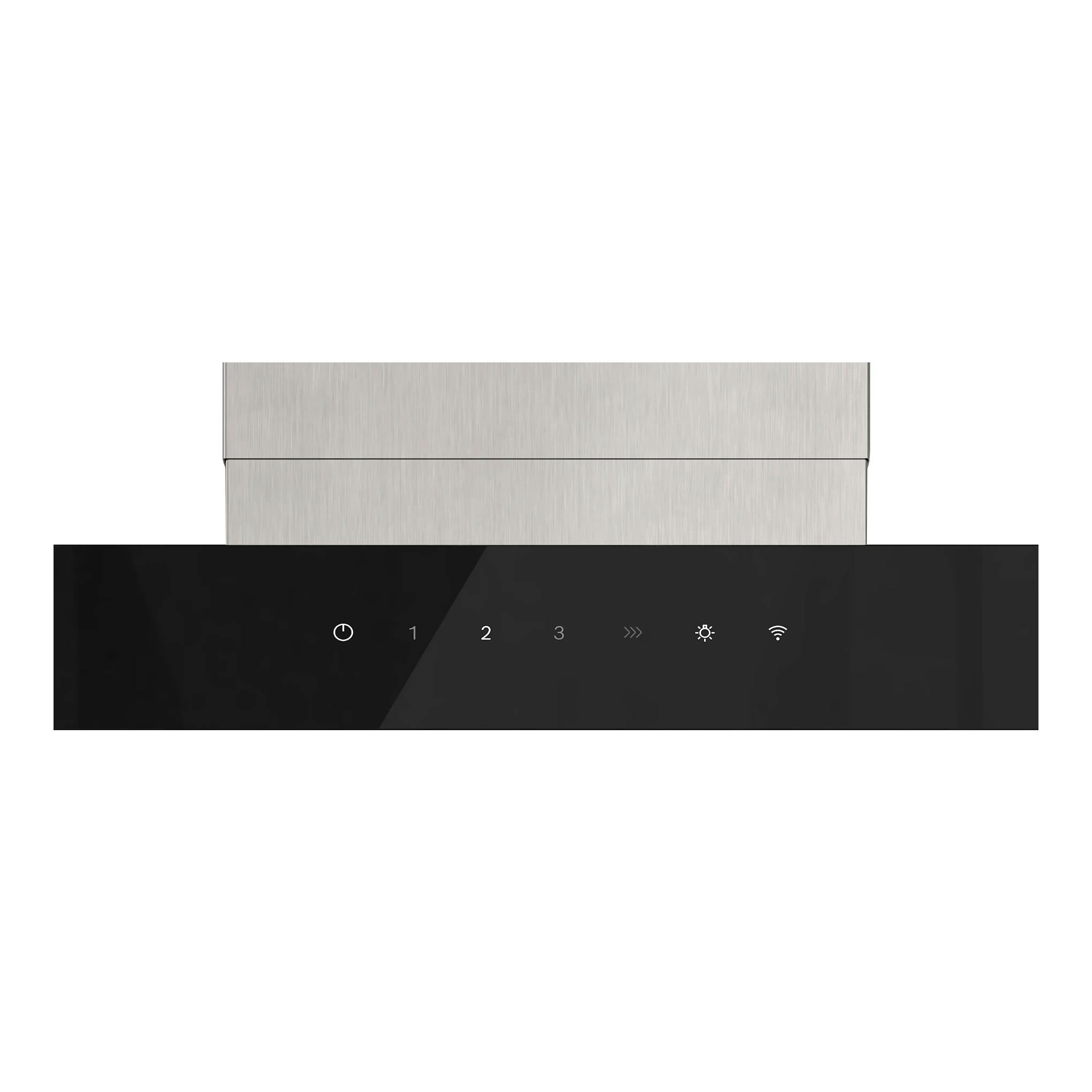 Campana decorativa Siemens LC67BDN30, vista frontal, acero mate y panel negro con controles táctiles.