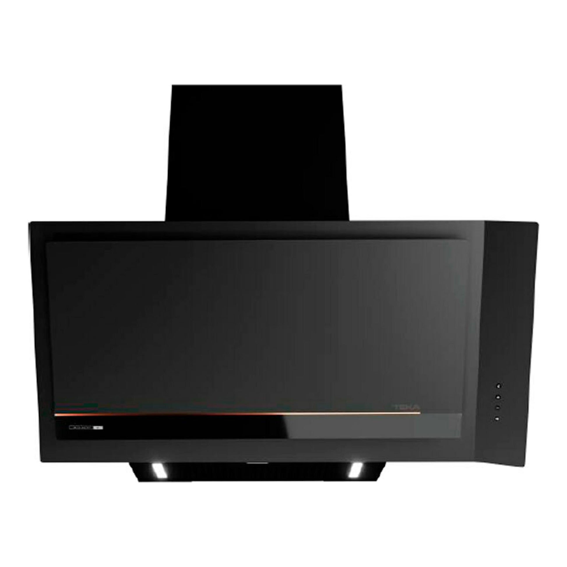 Campana decorativa Teka DVI 88G1EOSBM negra, vista frontal, con chimenea superior y panel de vidrio.
