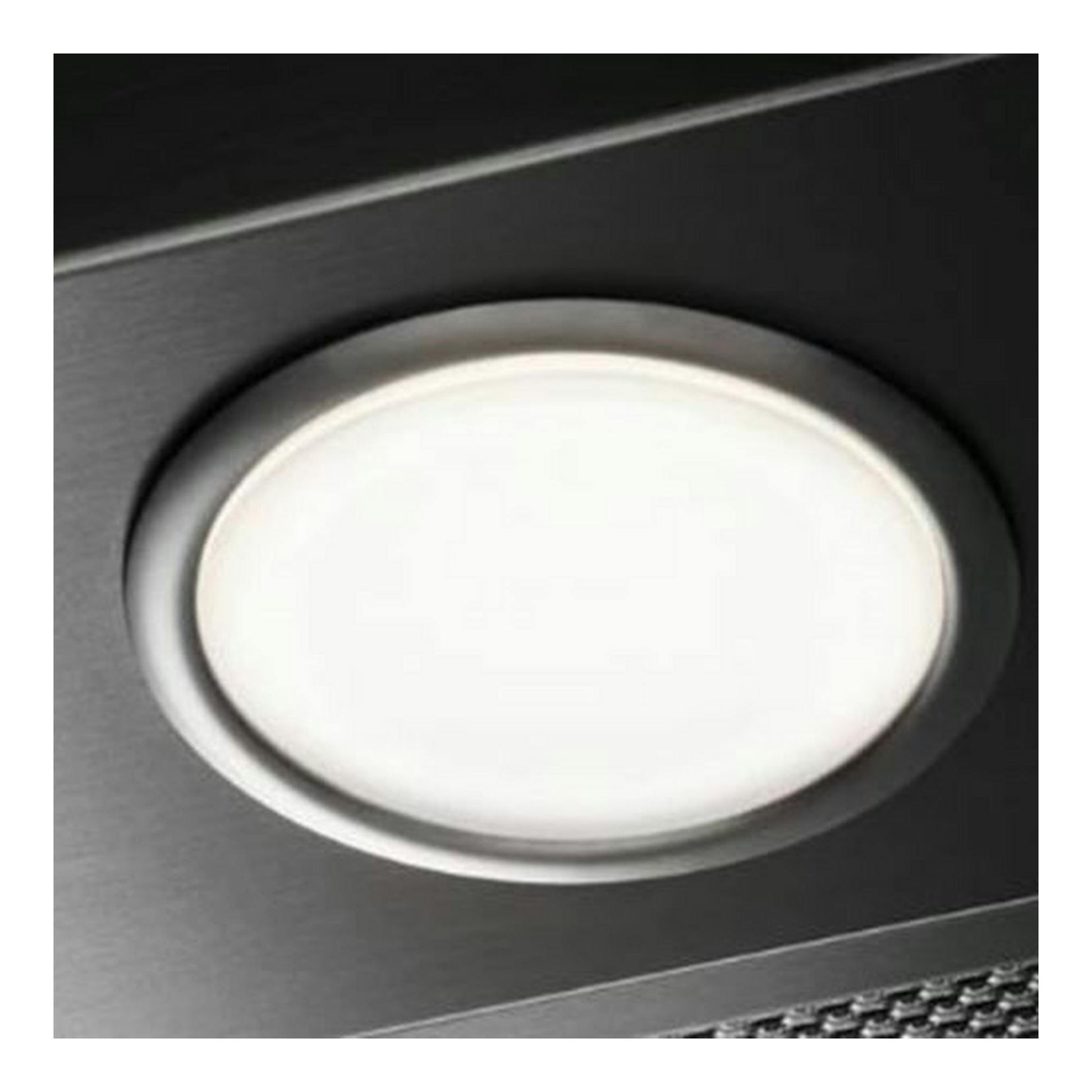 Campana decorativa Electrolux LFT416X inox, vista frontal parcial, con luz circular blanca empotrada.
